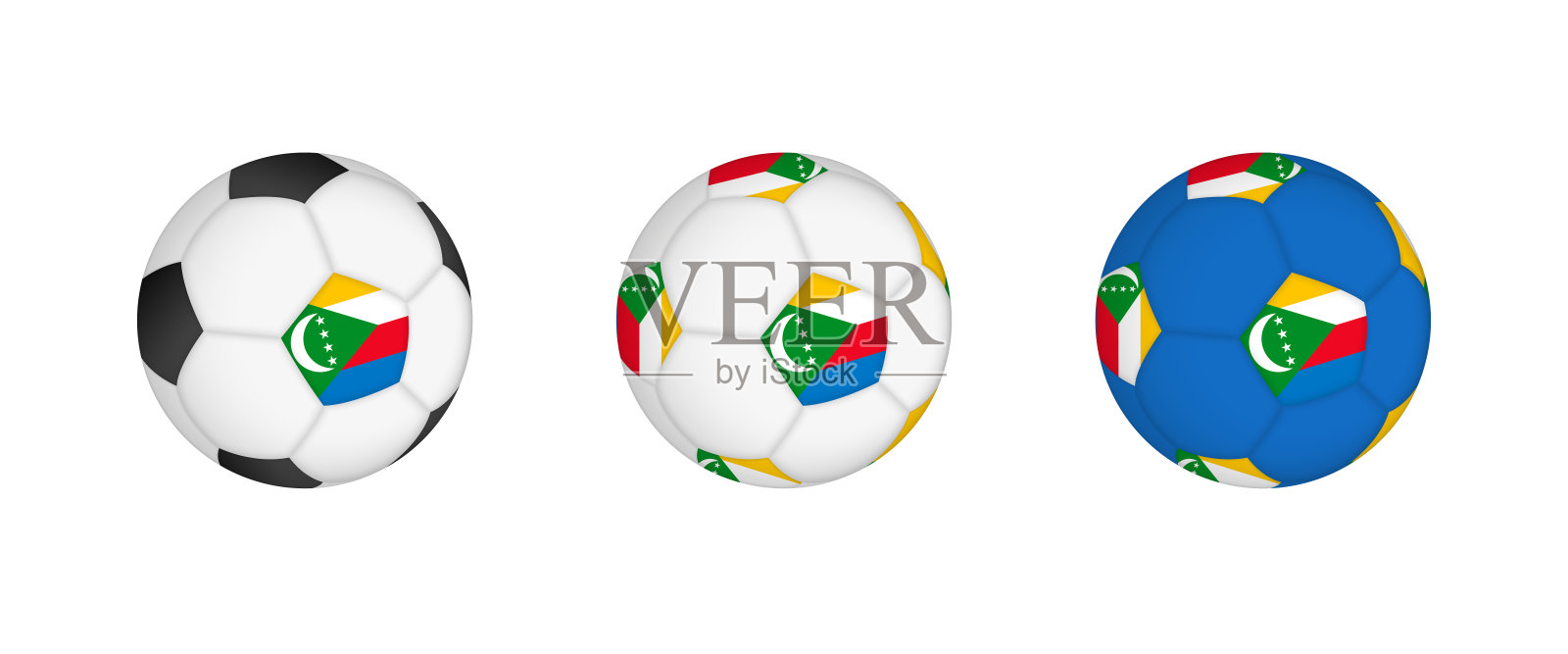 收集印有科摩罗国旗的足球。足球装备模型与国旗在三个不同的配置。插画图片素材