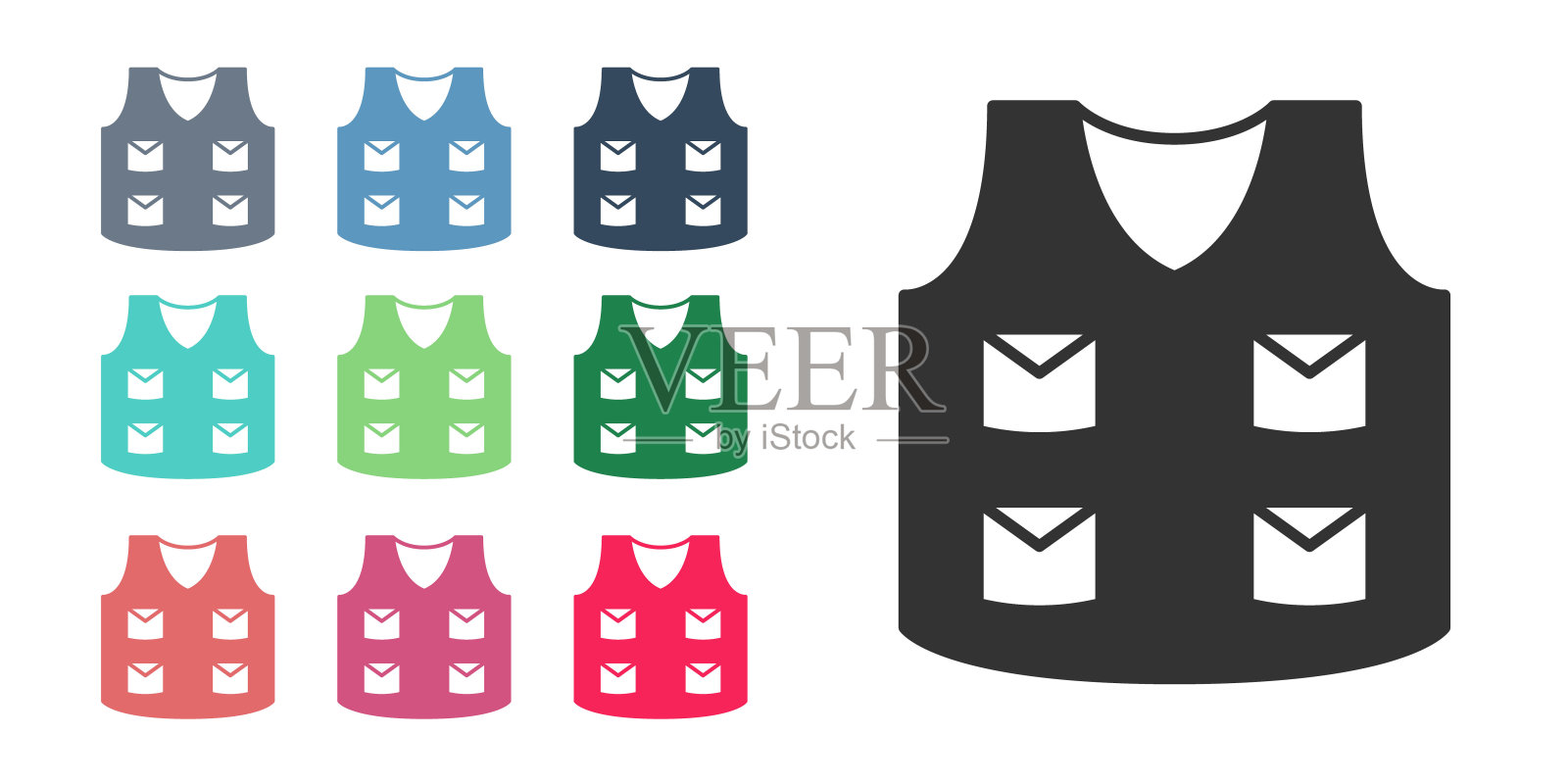 黑色钓鱼夹克图标孤立在白色背景。钓鱼背心。设置图标彩色。向量图标素材