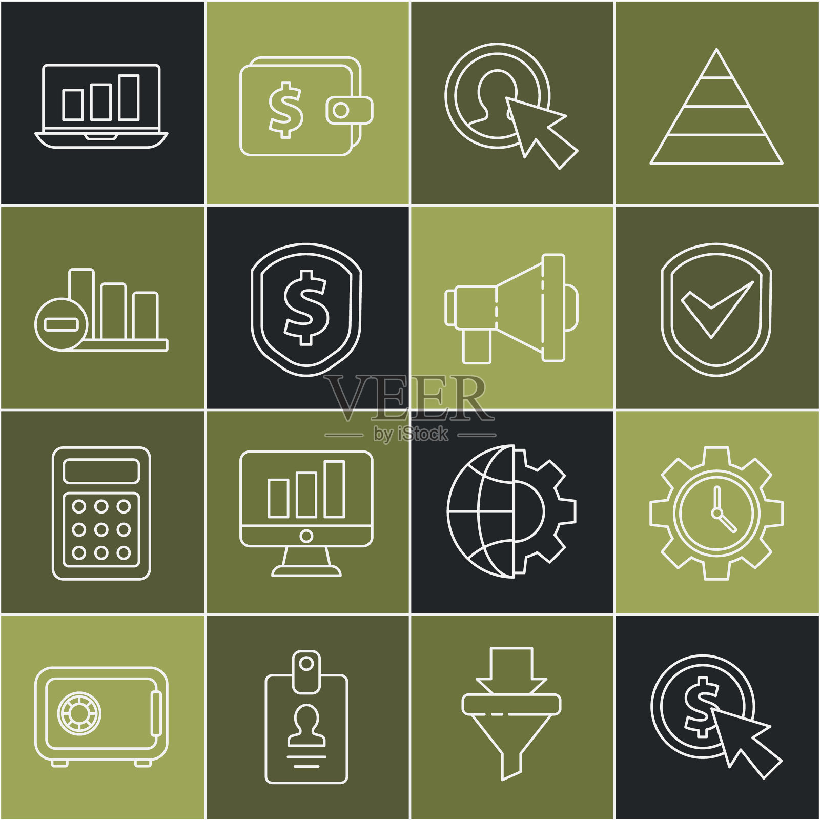 设置线光标和硬币，时间管理，屏蔽与勾号，男人的西装，美元，饼图信息图，笔记本电脑和扩音器图标的用户。向量插画图片素材