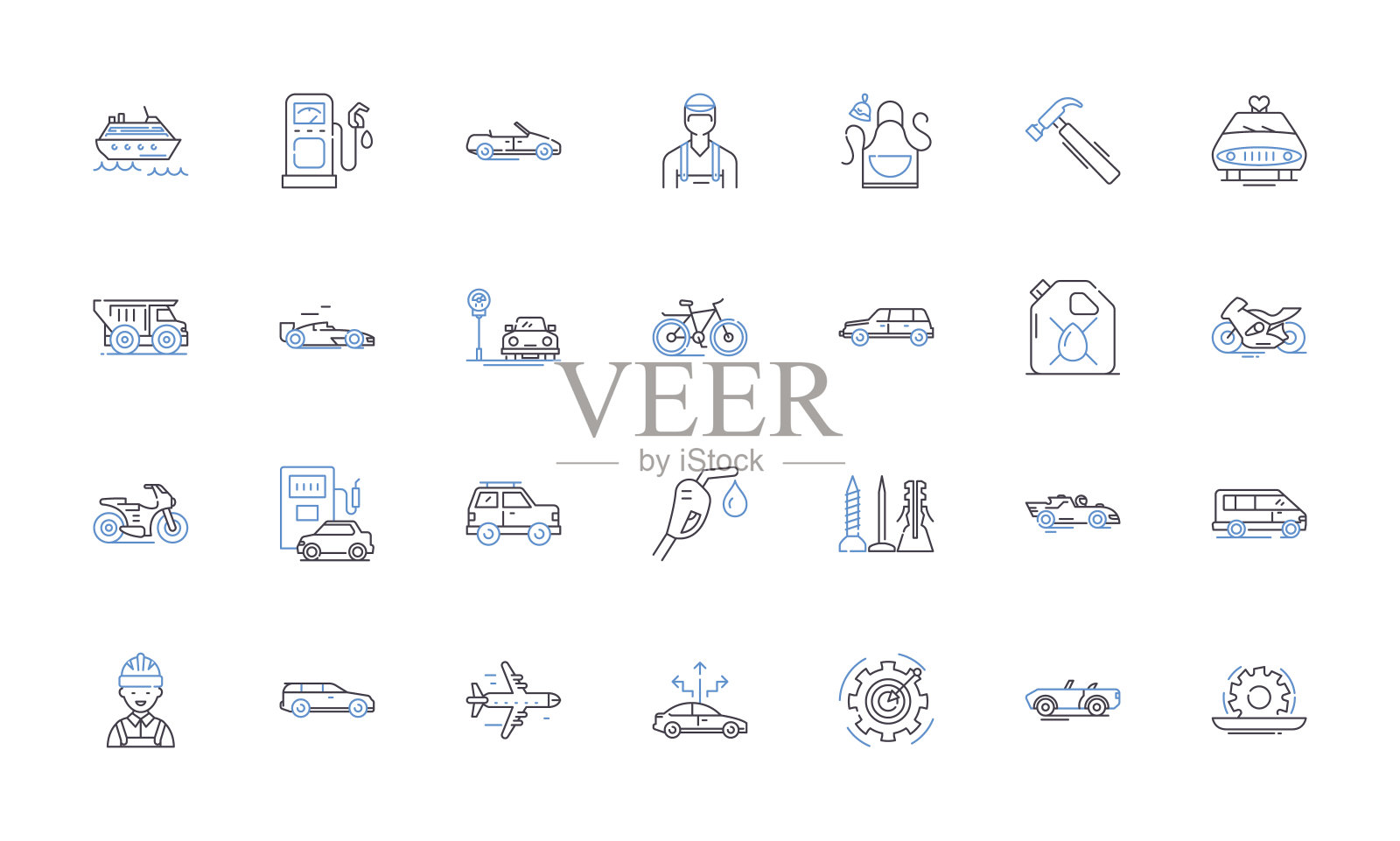 铁路运输线路图标收藏。火车，轨道，车站，时间表，站台，售票员，票务矢量和线性插图。机车、货运、客运轮廓标志设置图标素材