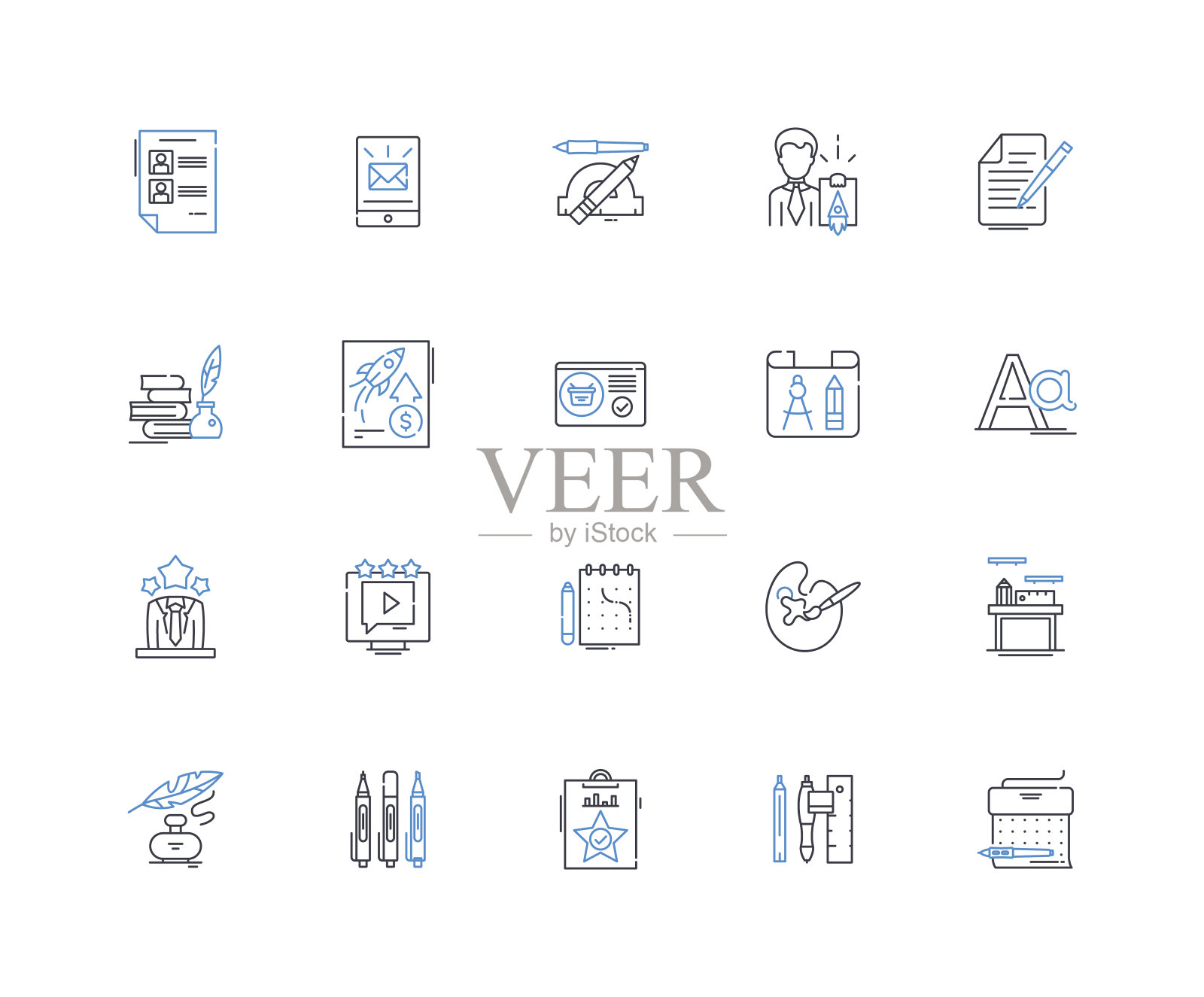 绘图员线图标集合。精确，注重细节，技术，创意，分析，方法，艺术矢量和线性插图。熟练，足智多谋，有远见的轮廓标志设置图标素材