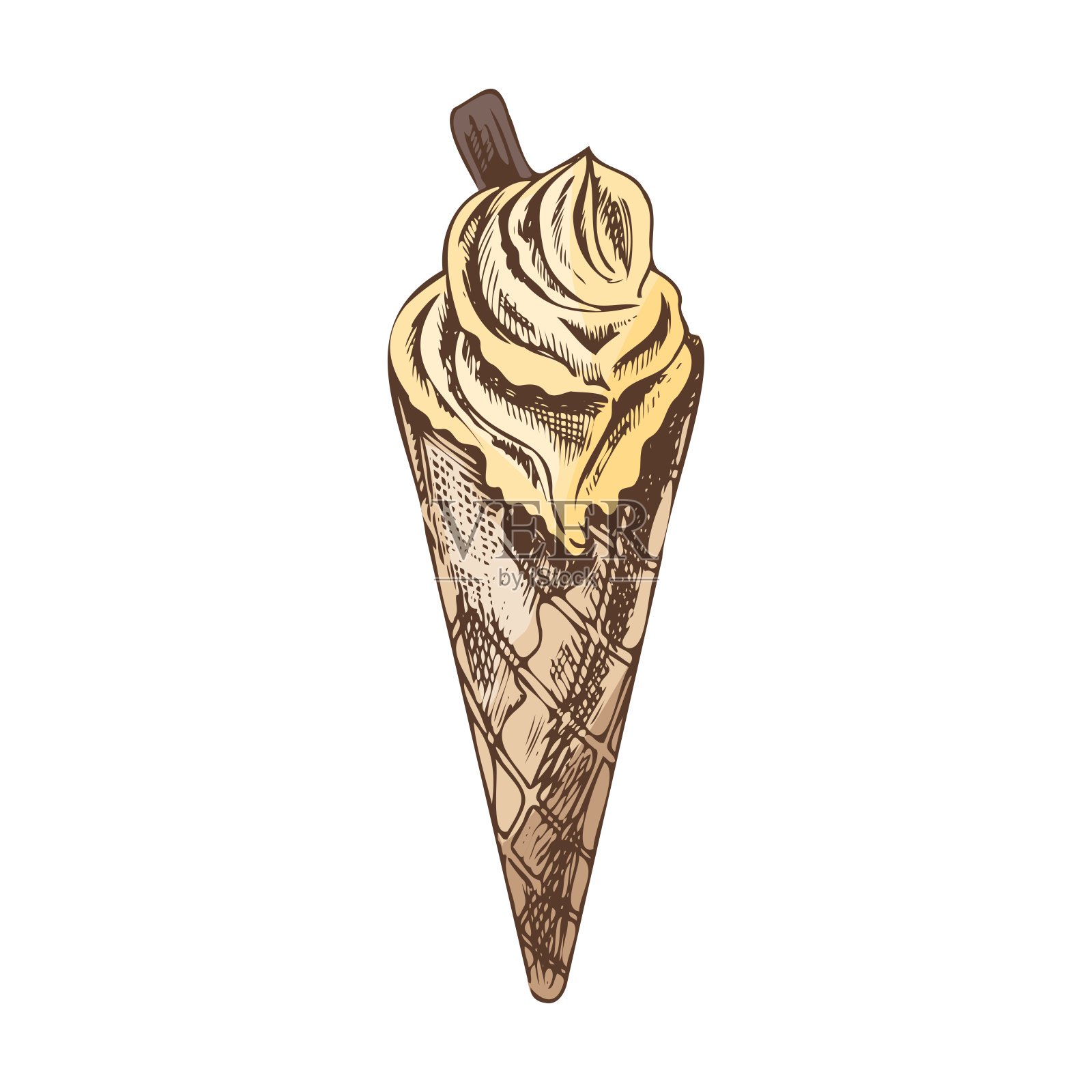 彩色手绘的华夫蛋筒配冻酸奶或软冰淇淋。的插图。用于标签、包装和明信片设计的元素。插画图片素材