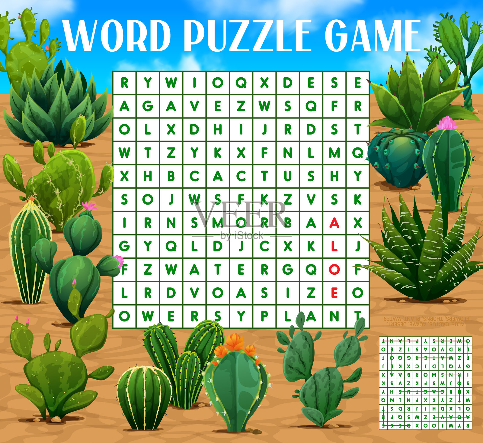 墨西哥仙人掌多肉植物字谜插画图片素材