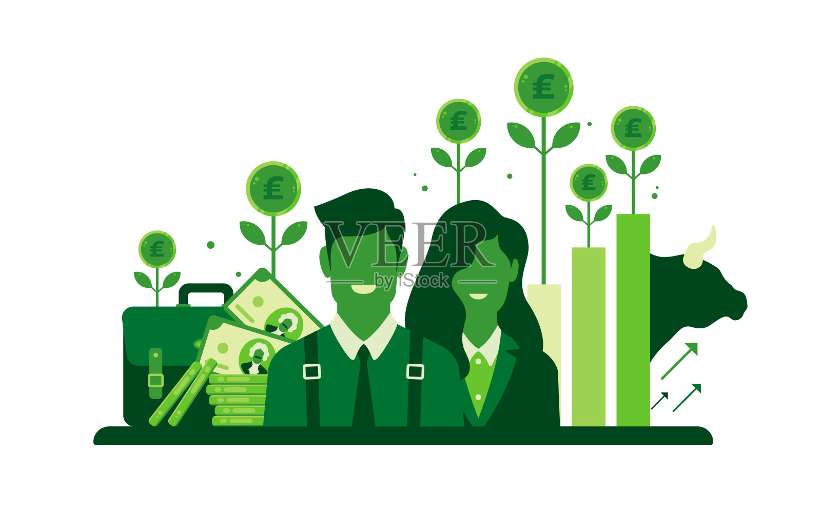 穿着得体的男女脸上洋溢着快乐的表情，显示着英国经济的好转或增长，或英镑的价值或牛市插画图片素材