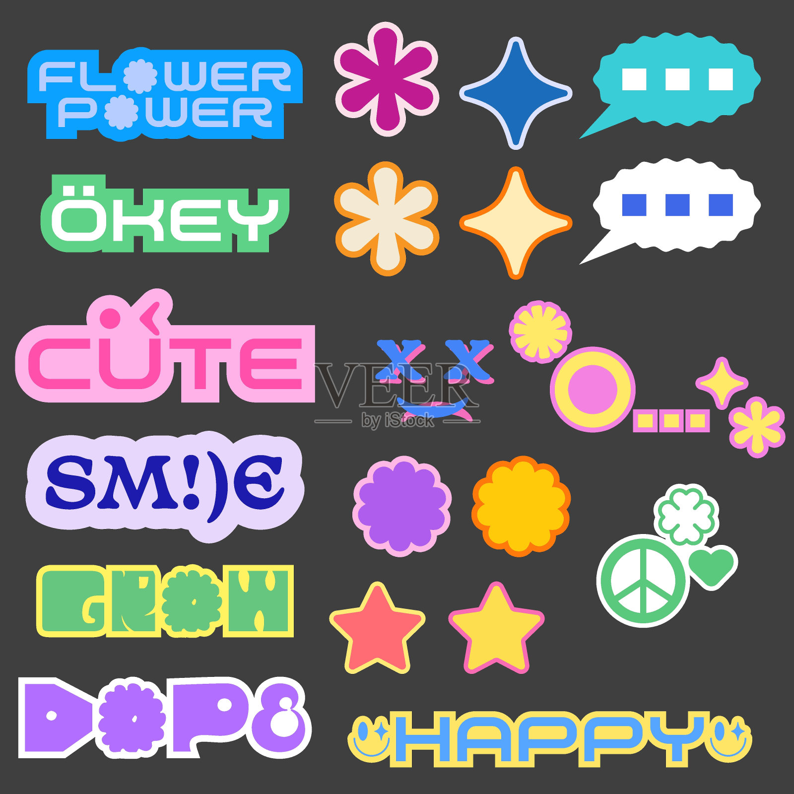 一套彩色的爱Y2K贴纸矢量设计。时髦的波普艺术补丁。插画图片素材