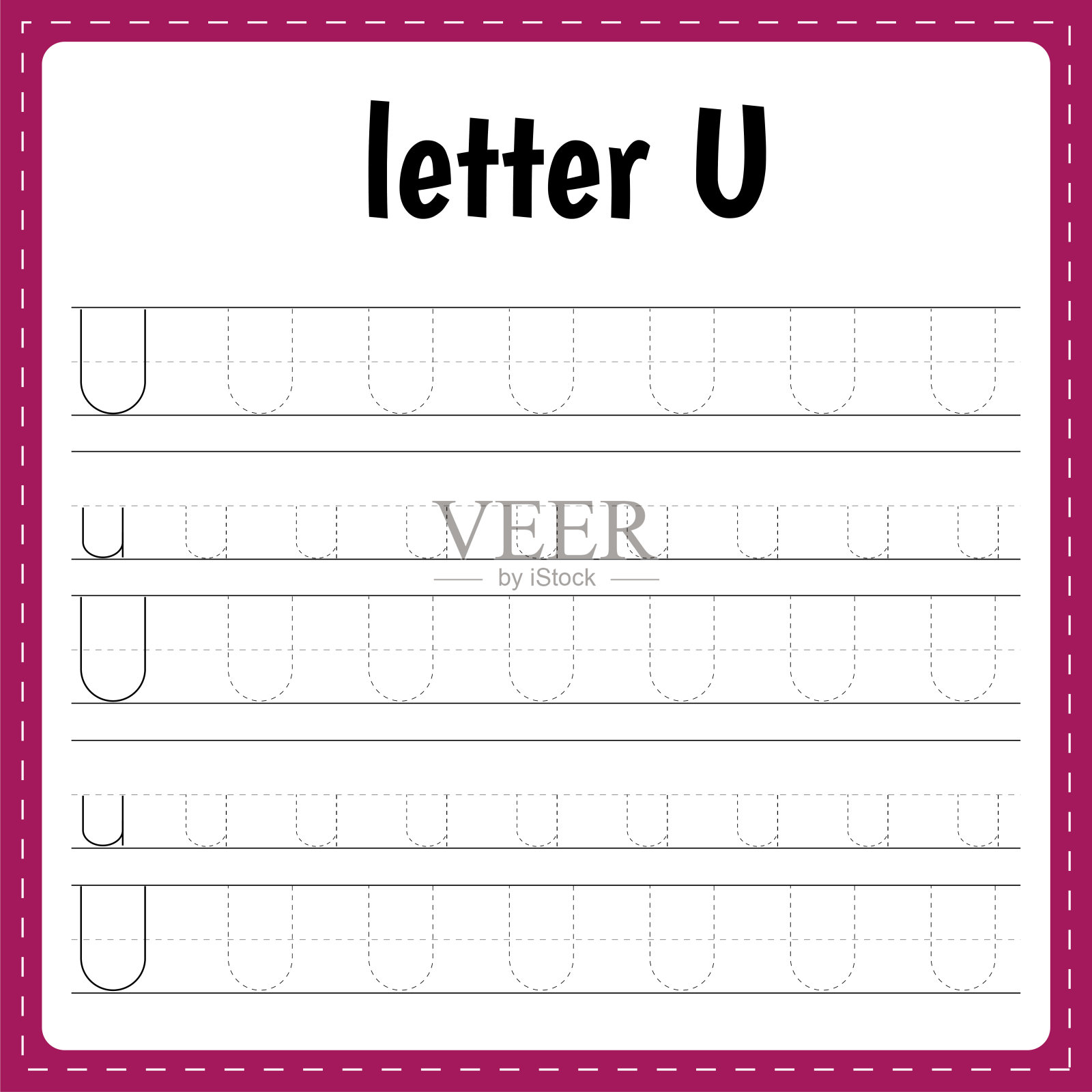 写信。跟踪页面。练习单。孩子们的工作表。学习字母表。字母U插画图片素材