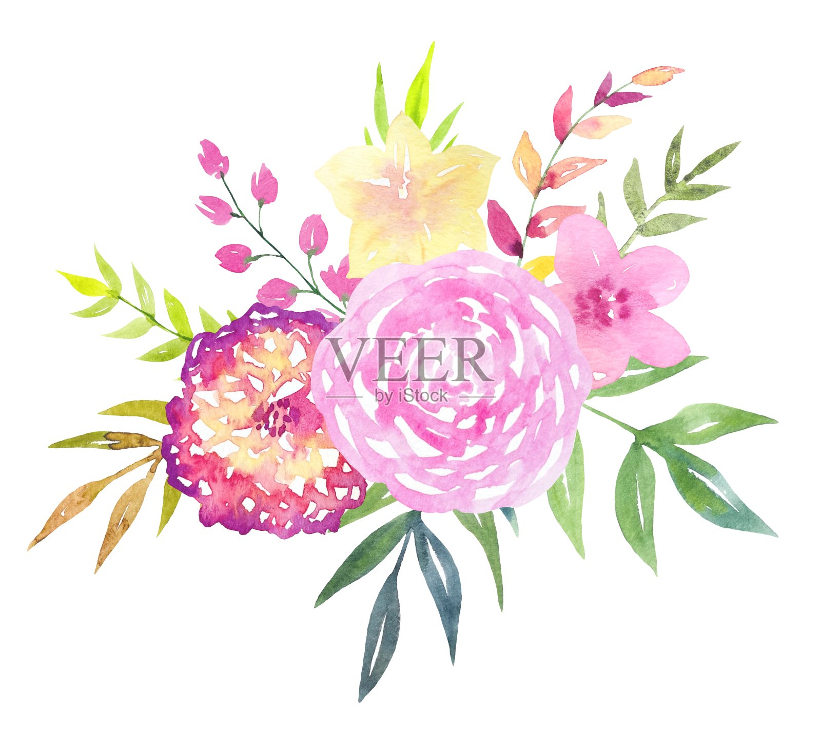 花水彩画在白色的背景上排列鲜艳的花朵，花束明亮插画图片素材