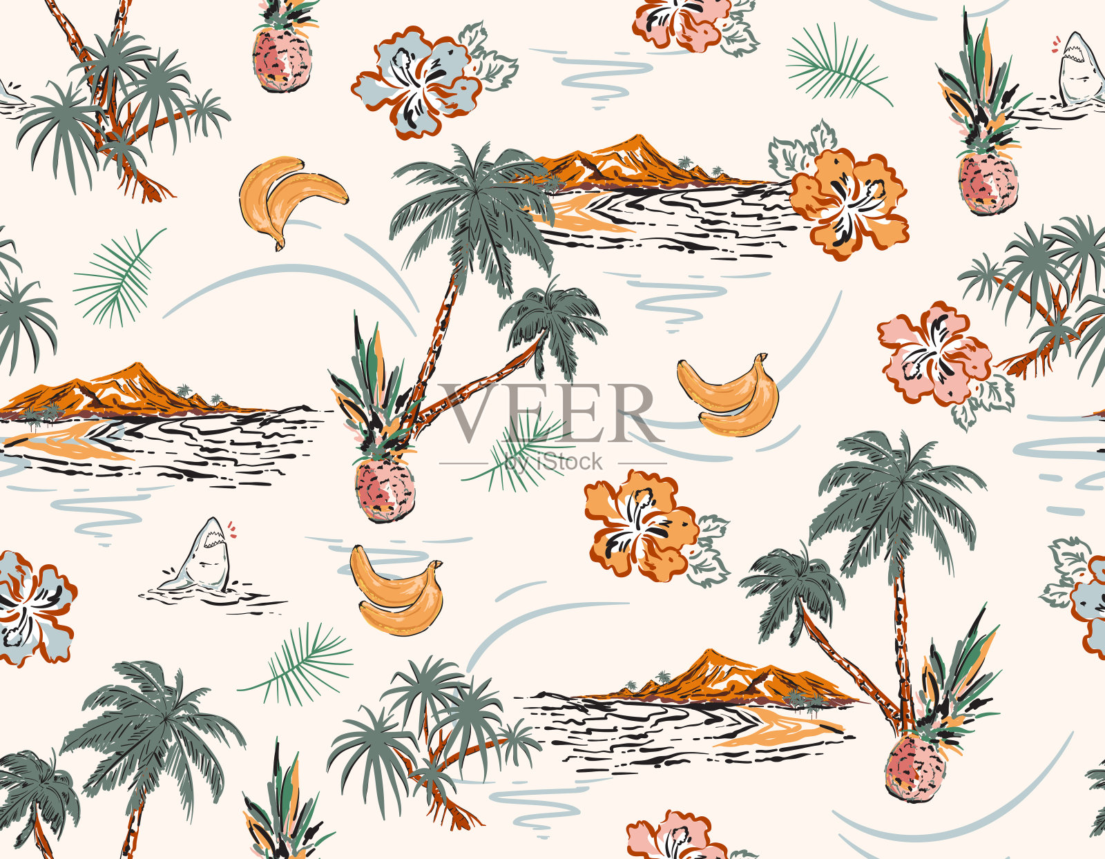 夏日手绘热带棕榈树岛度假胜地无缝图案夏日水果插画图片素材
