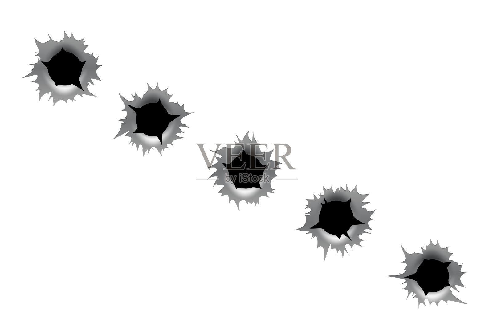 白色背景上孤立的弹孔。逼真的粗糙金属孔排。损伤的影响插画图片素材