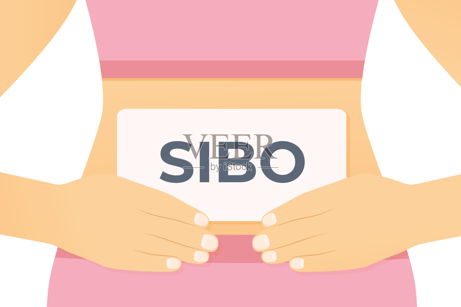 一名妇女在她的腹部拿着SIBO(小肠细菌过度生长)诊断卡插画图片素材