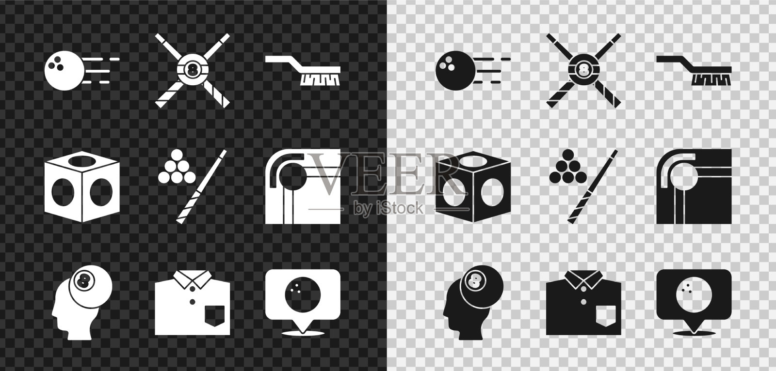 设置保龄球穿过台球球杆和游泳池图标素材