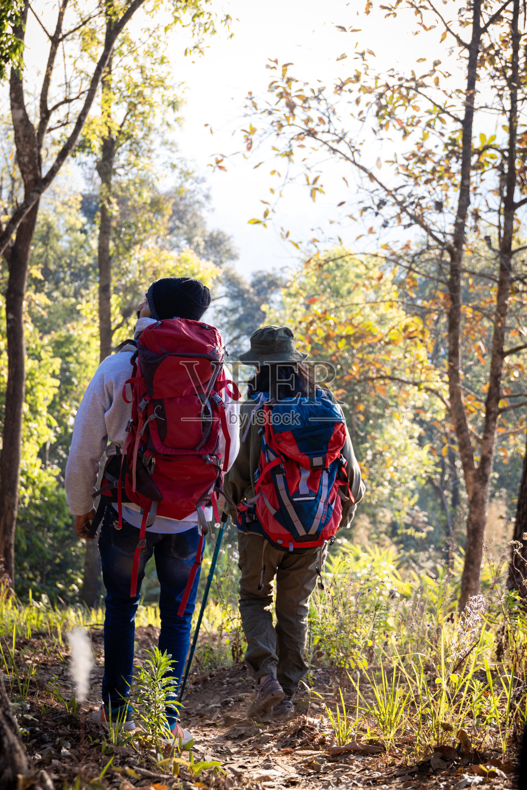 快乐的旅行者在温暖的阳光下背着背包在美丽的岩石小径上徒步旅行。背着背包的徒步旅行者在山上行走。背着背包在山上旅行。背着背包在山上旅行照片摄影图片