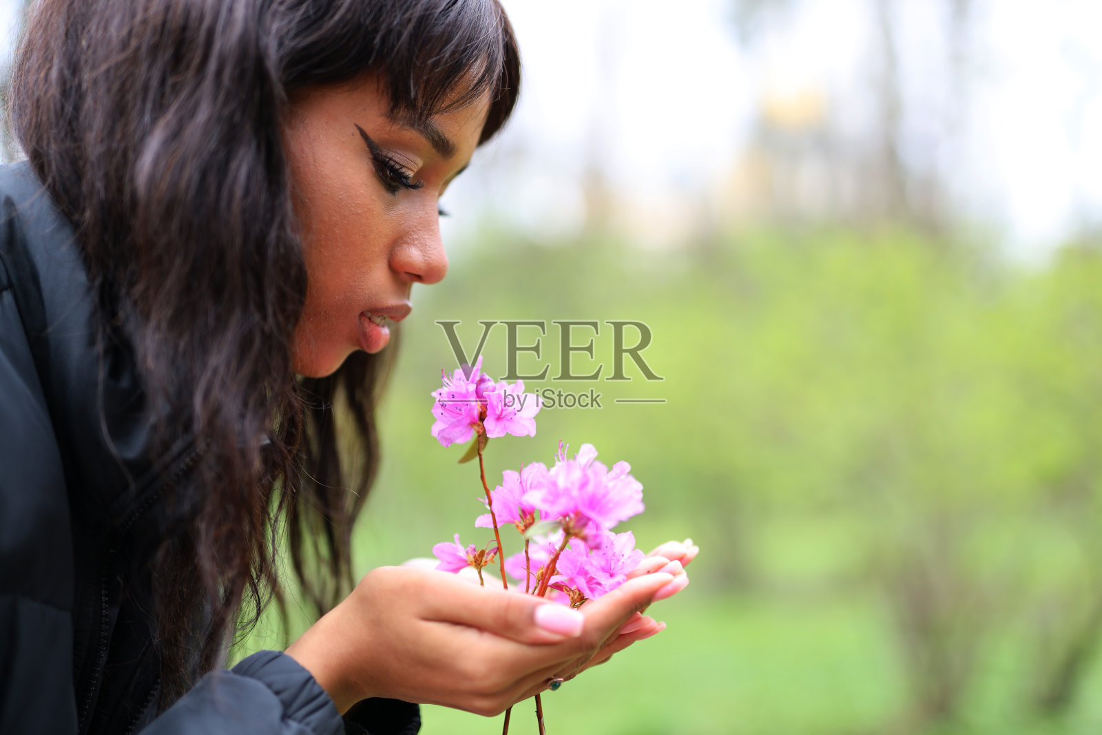 一个年轻的非洲妇女的画像，手里拿着紫色的春花。照片摄影图片