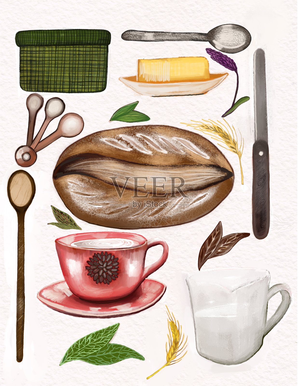 杂货和早餐用品的插图。孤立在白色背景上。水彩风格。插画图片素材
