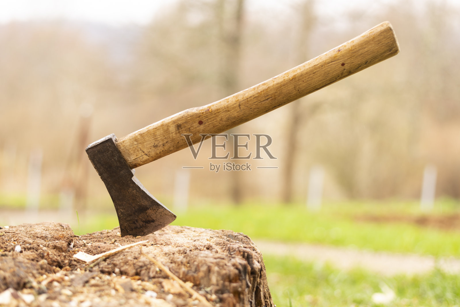 一把斧头堆在木头里照片摄影图片