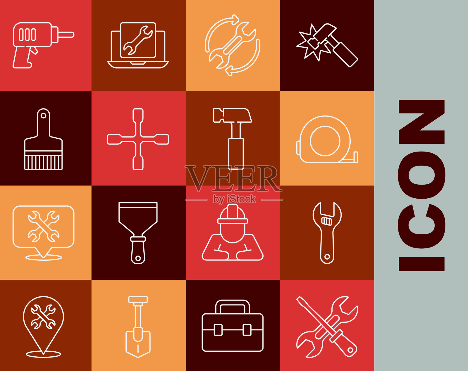 设置线螺丝刀和扳手可调图标素材