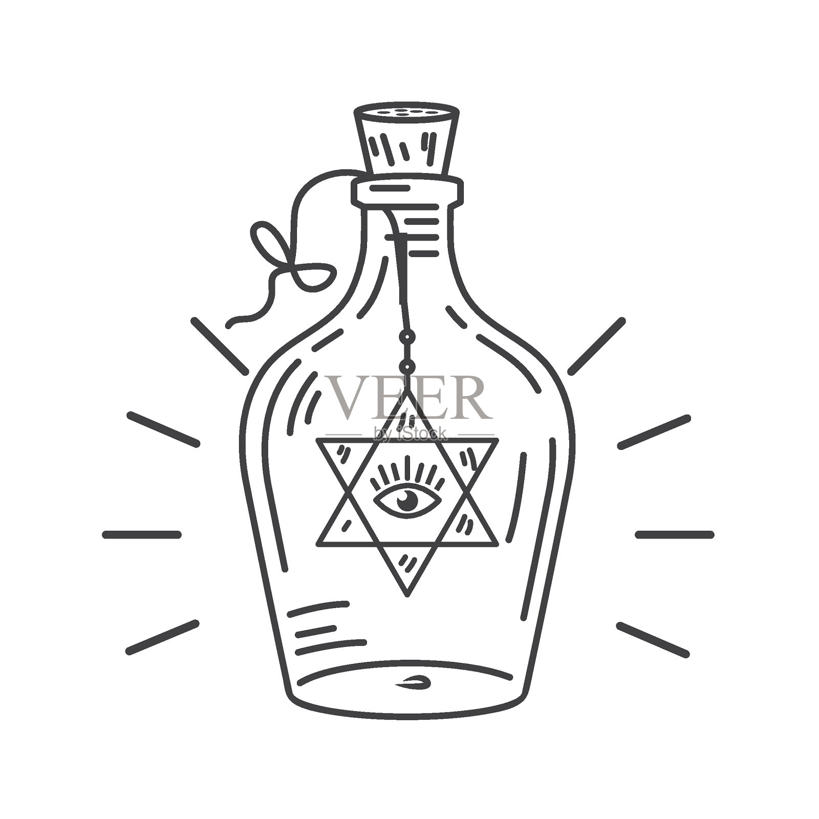 炼金术神秘的一只眼睛绑和挂在旧瓶子线矢量插图概念设计模板插画图片素材