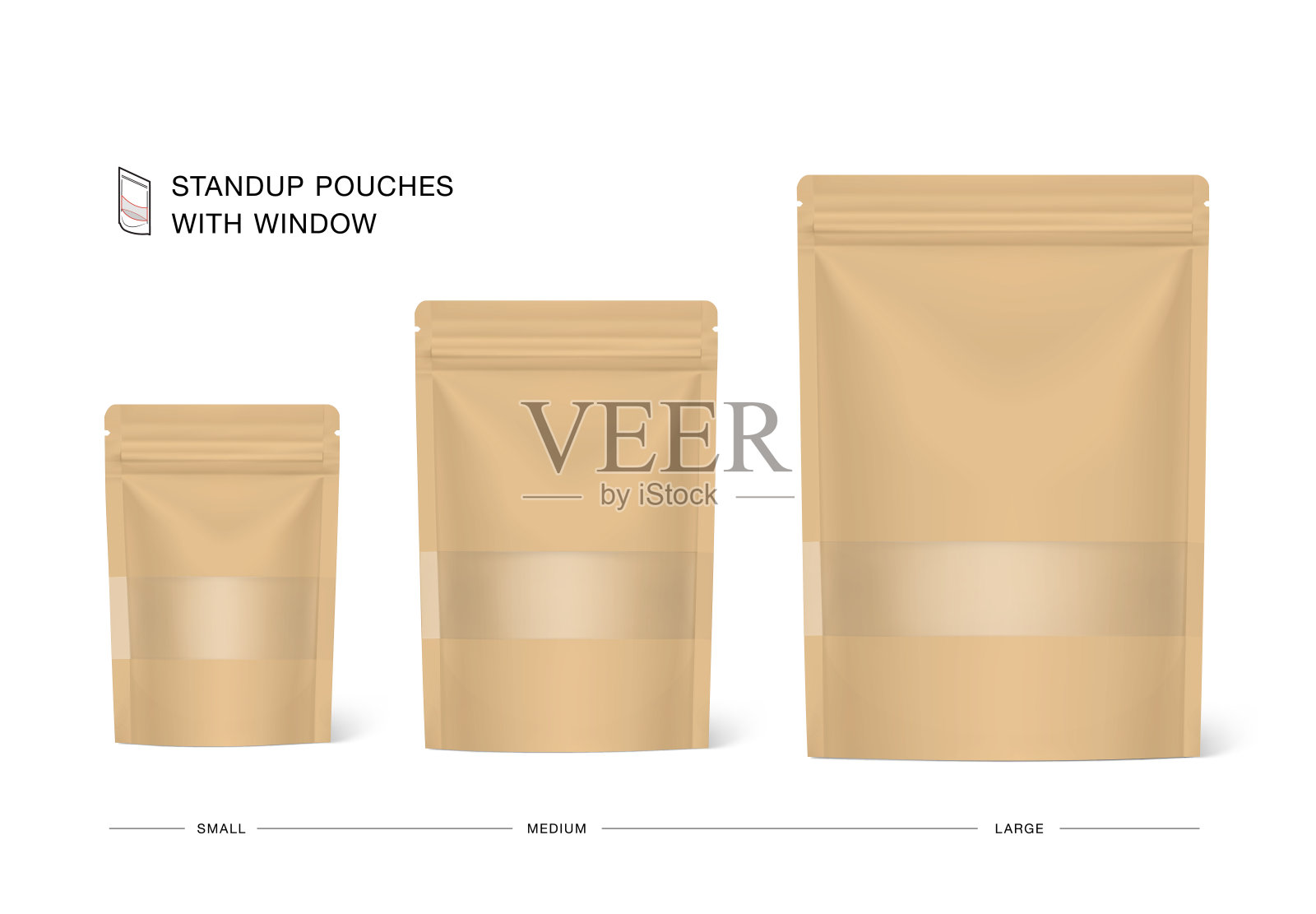 站起来牛皮袋与透明的窗口模型集。矢量插图。前视图。插画图片素材