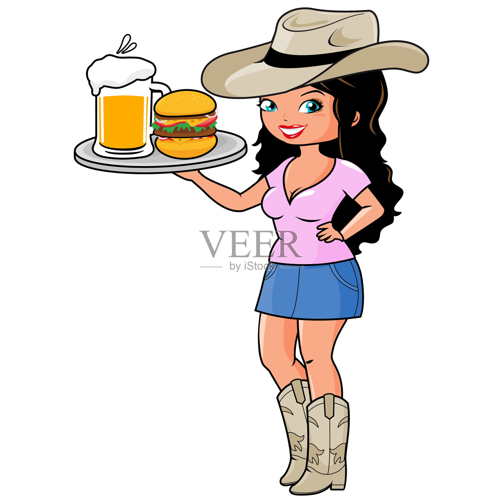 一个女牛仔服务员在端汉堡包和冰啤酒。矢量图插画图片素材