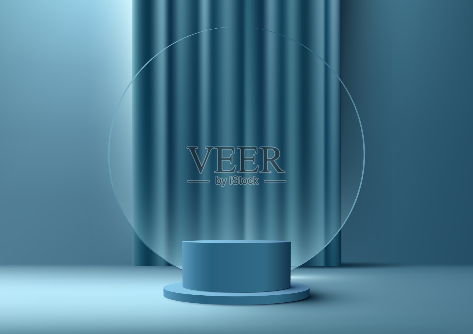 3D真实感产品展示现代豪华风格的蓝色空讲台，蓝色窗帘，蓝色背景上的透明玻璃圆背景插画图片素材