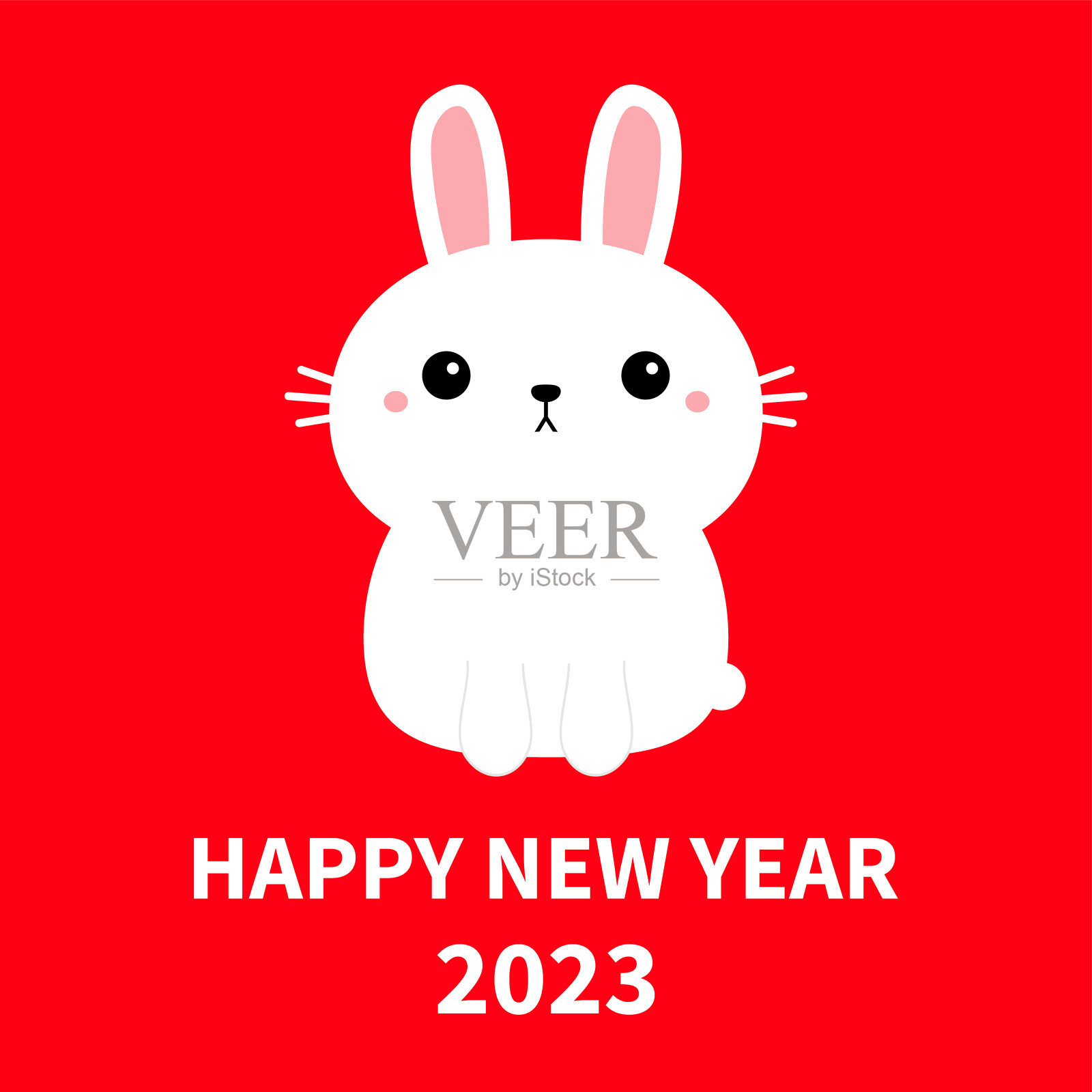 祝2023年中国新年快乐。兔年。白色的兔子图标。可爱有趣的头脸。卡哇伊卡通人物。粉红色的脸颊。婴儿贺卡。红色的背景。平面设计。插画图片素材