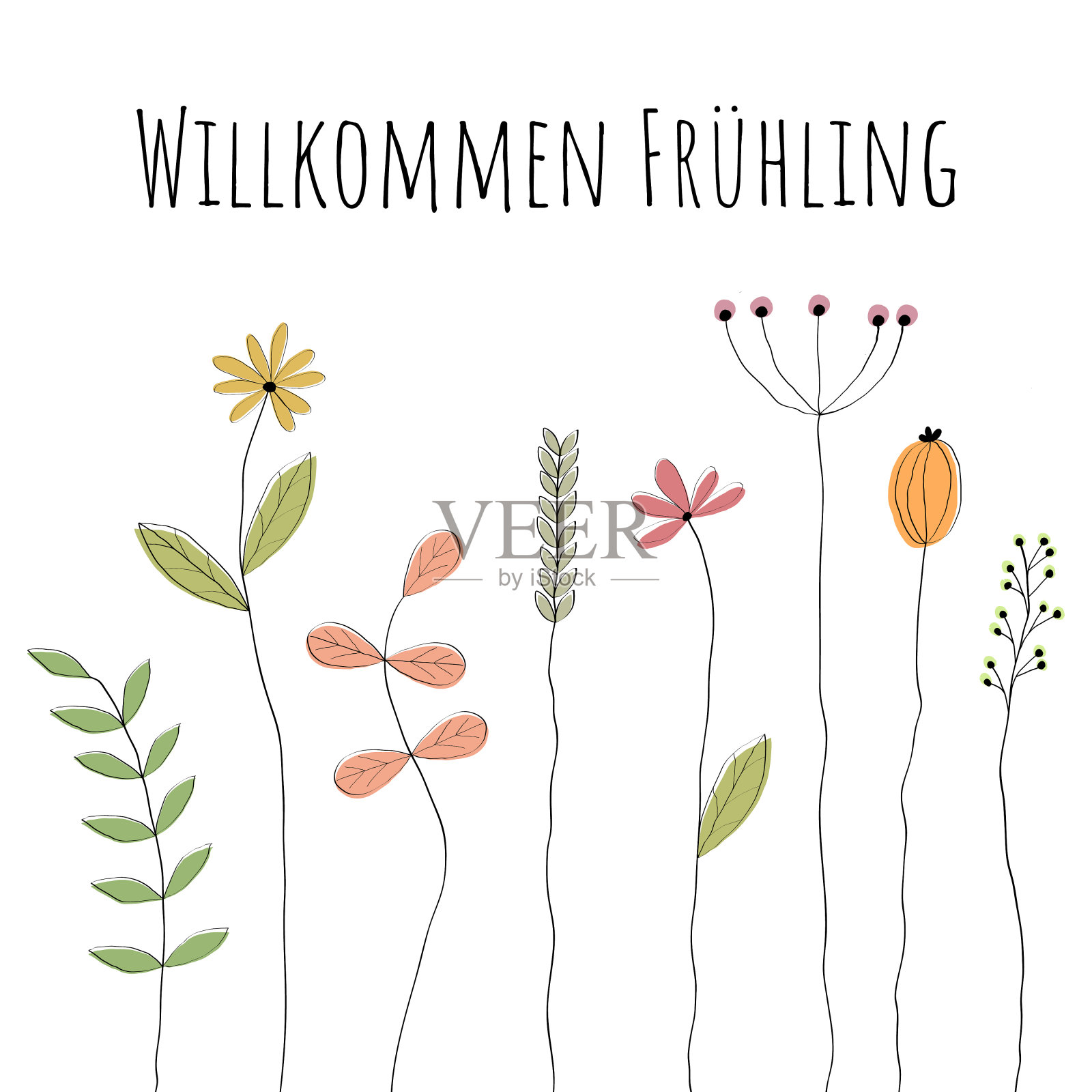 Willkommen frhling -德语字母-欢迎春天。贺卡上绘有可爱的花朵。插画图片素材