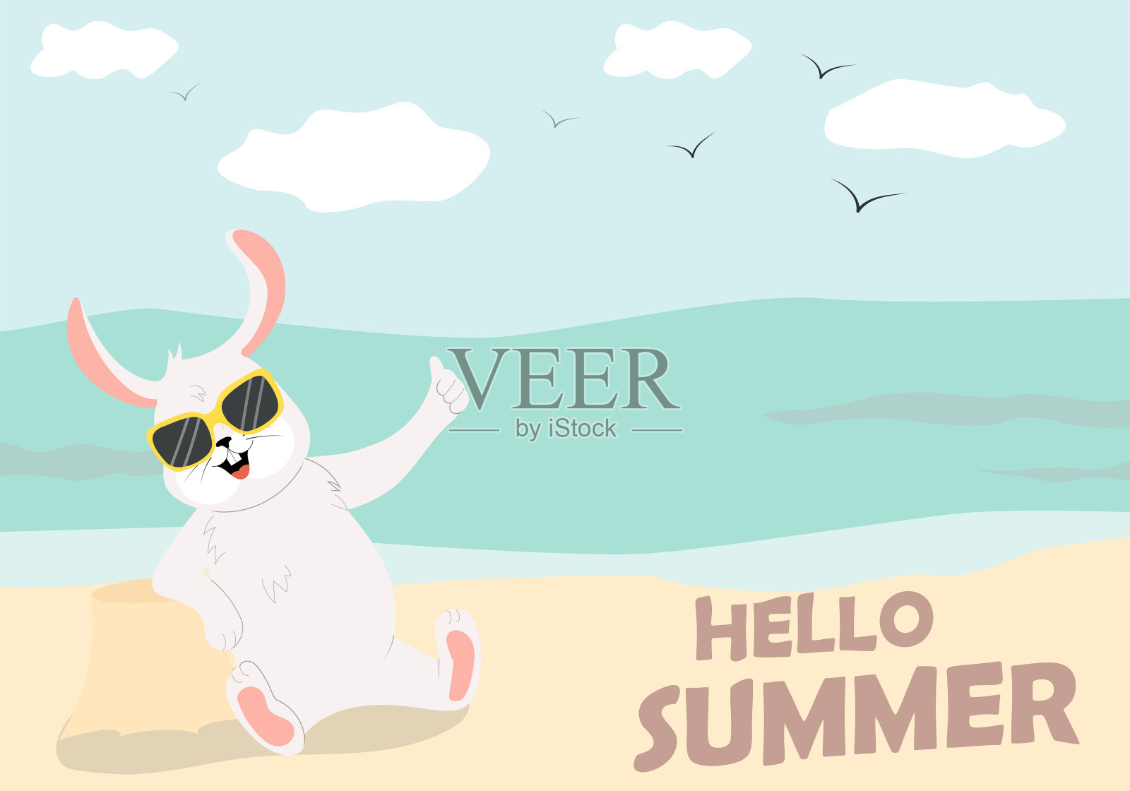 沙滩上可爱的兔子插画图片素材