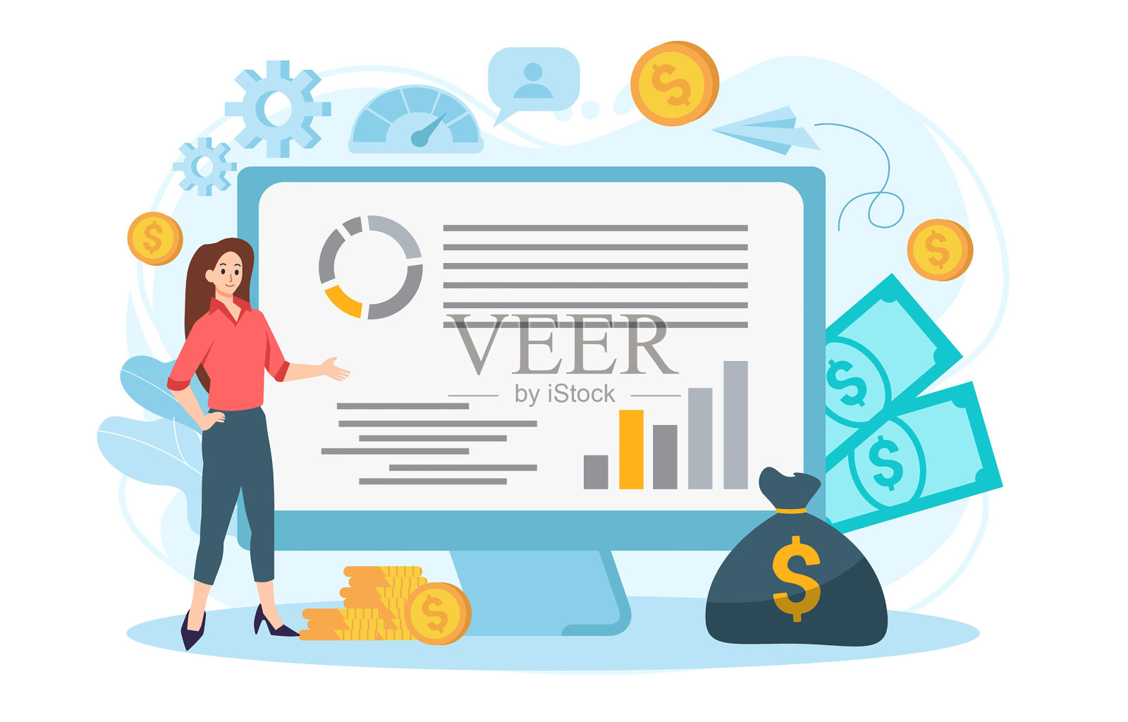 字符管理财务技术。计算和分析个人或公司预算，管理财务收入。矢量图插画图片素材