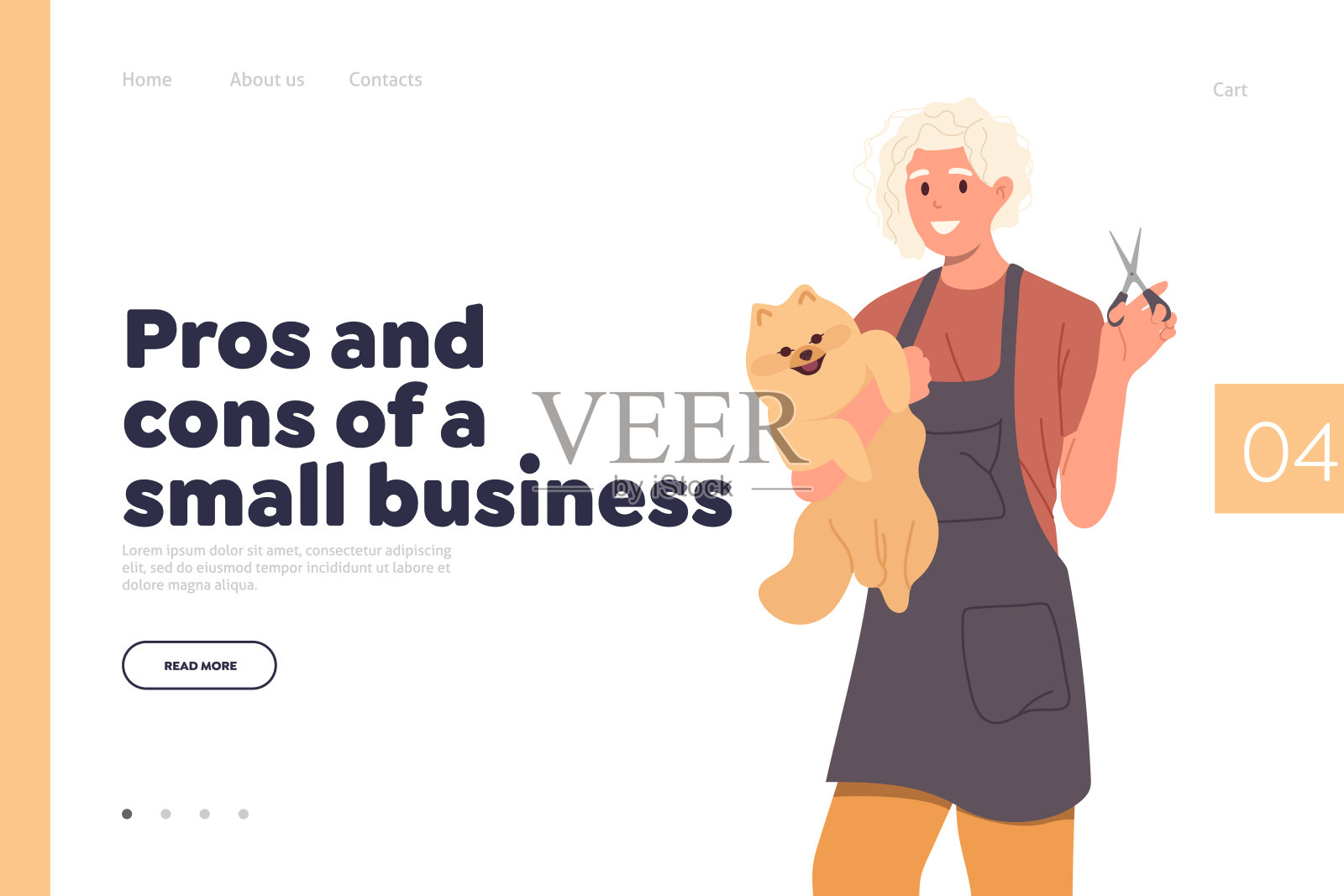 与快乐的宠物美容师登陆页面设计模板的小企业概念的利弊插画图片素材