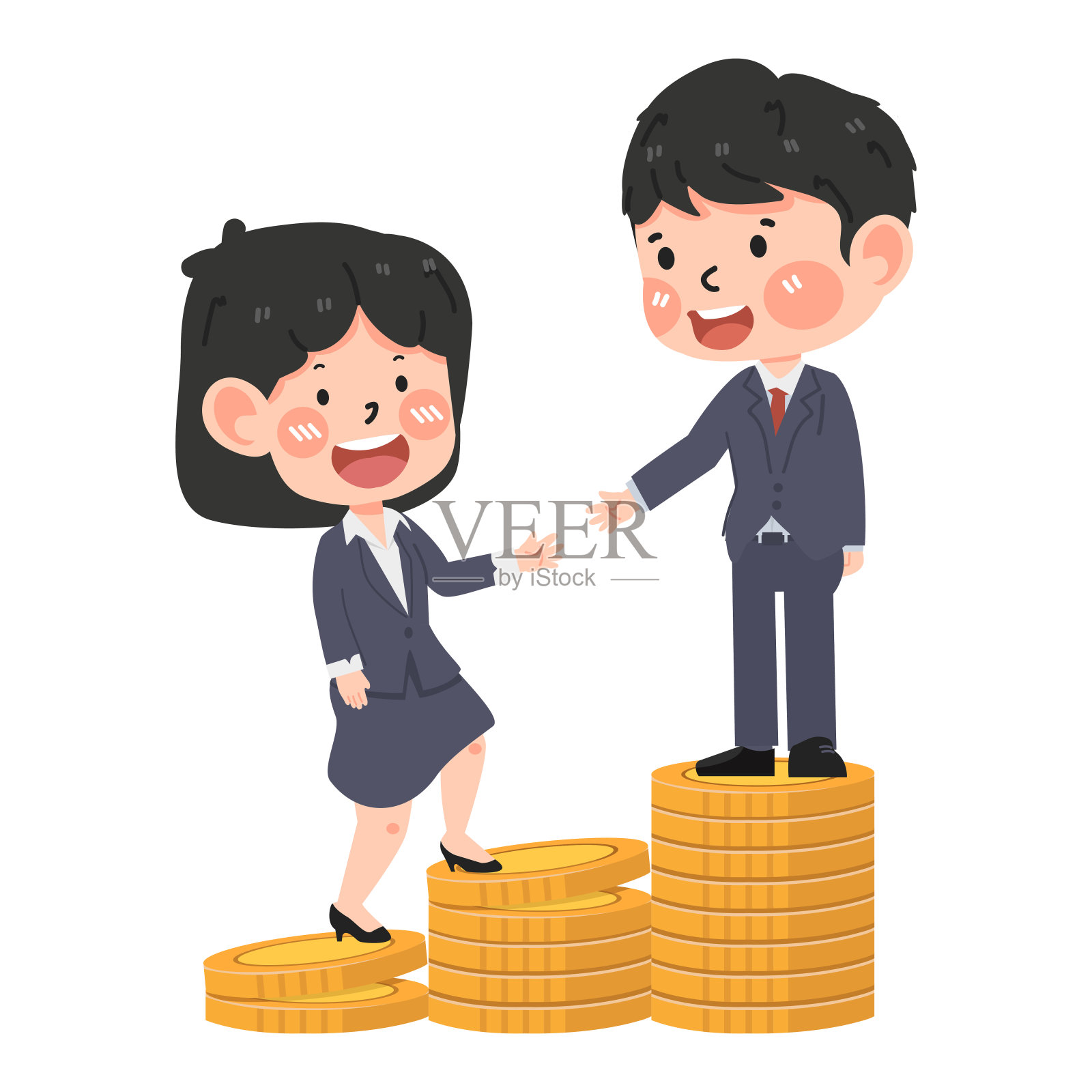商人支持女人爬上一堆硬币插画图片素材