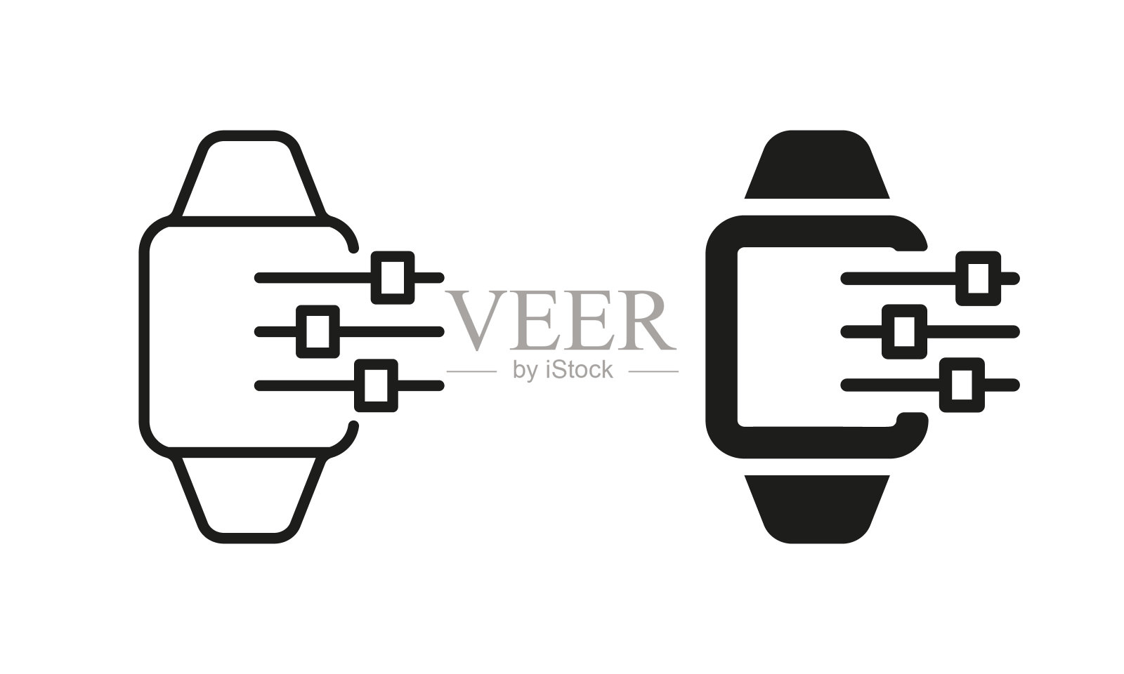 选项的智能手表线和轮廓图标集。智能手表设置符号集合。电子设备象形图控制面板。孤立矢量图插画图片素材