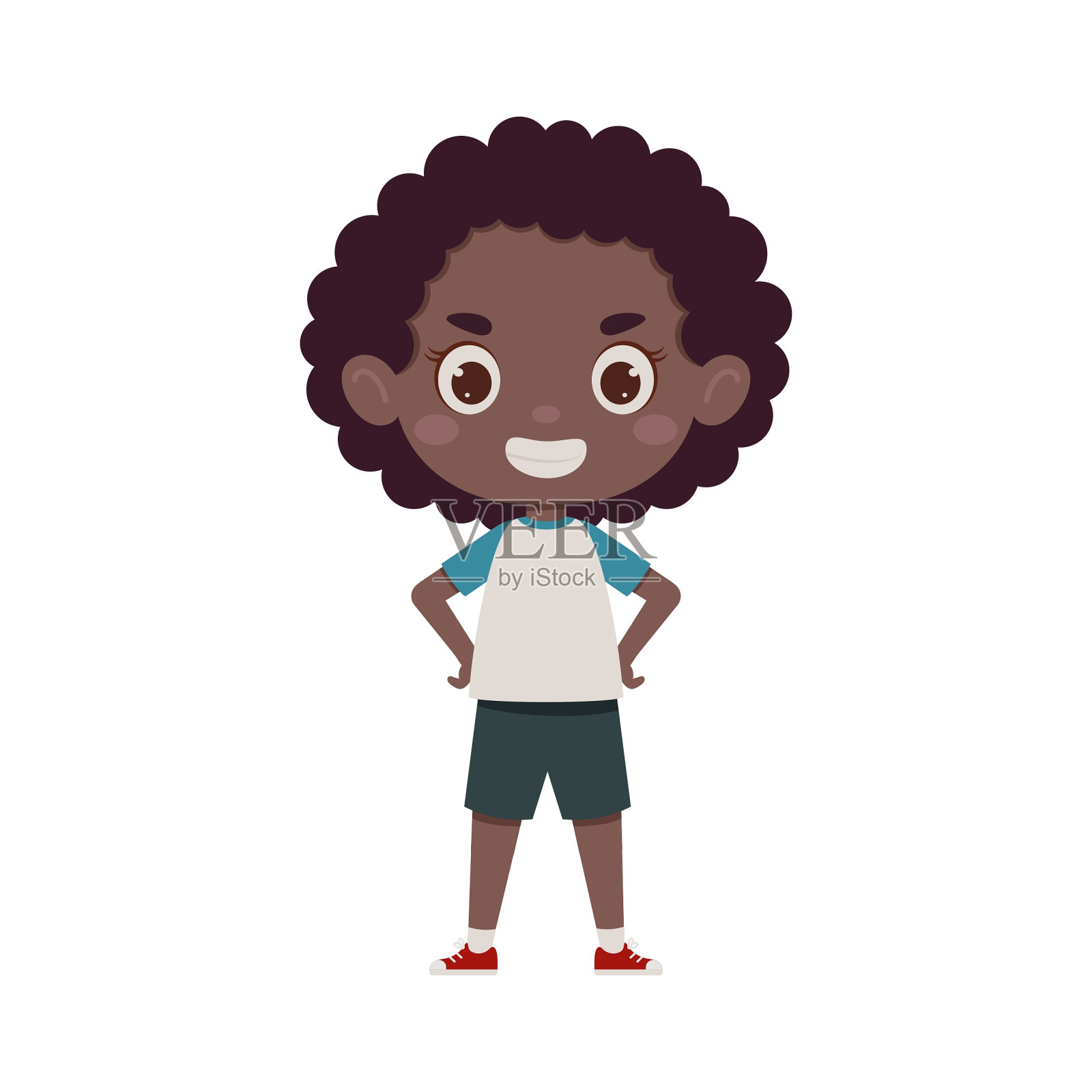 可爱的小孩快乐的非洲女孩微笑。卡通女学生的面部表情。矢量图插画图片素材