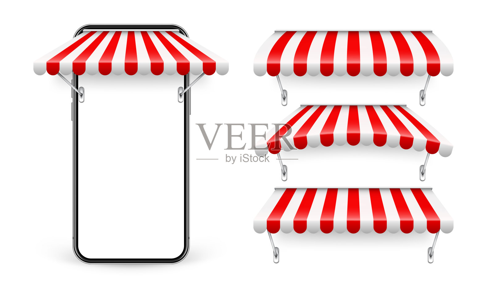 带有商店遮阳和金属支架的智能手机，在线网上购物。现实的红色条纹咖啡馆遮阳篷。露天市场帐篷。屋顶树冠。夏街商店。矢量图插画图片素材