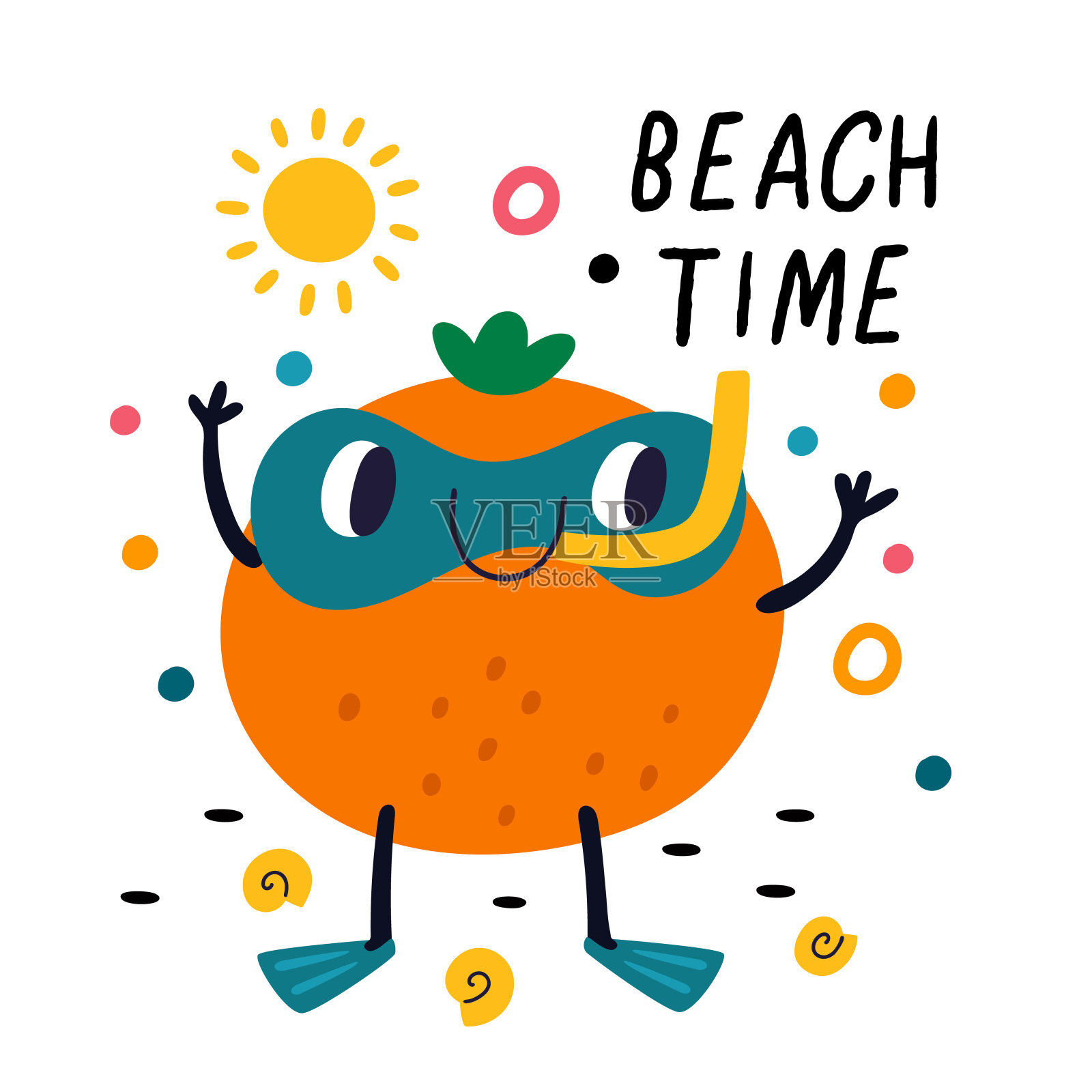 有趣的水果卡。暑假。海滩上的橙色卡通人物。夏天的假期。食物吉祥物在海里游泳。柑橘潜水与通气管。潜水员喜笑颜开。矢量方框横幅插画图片素材