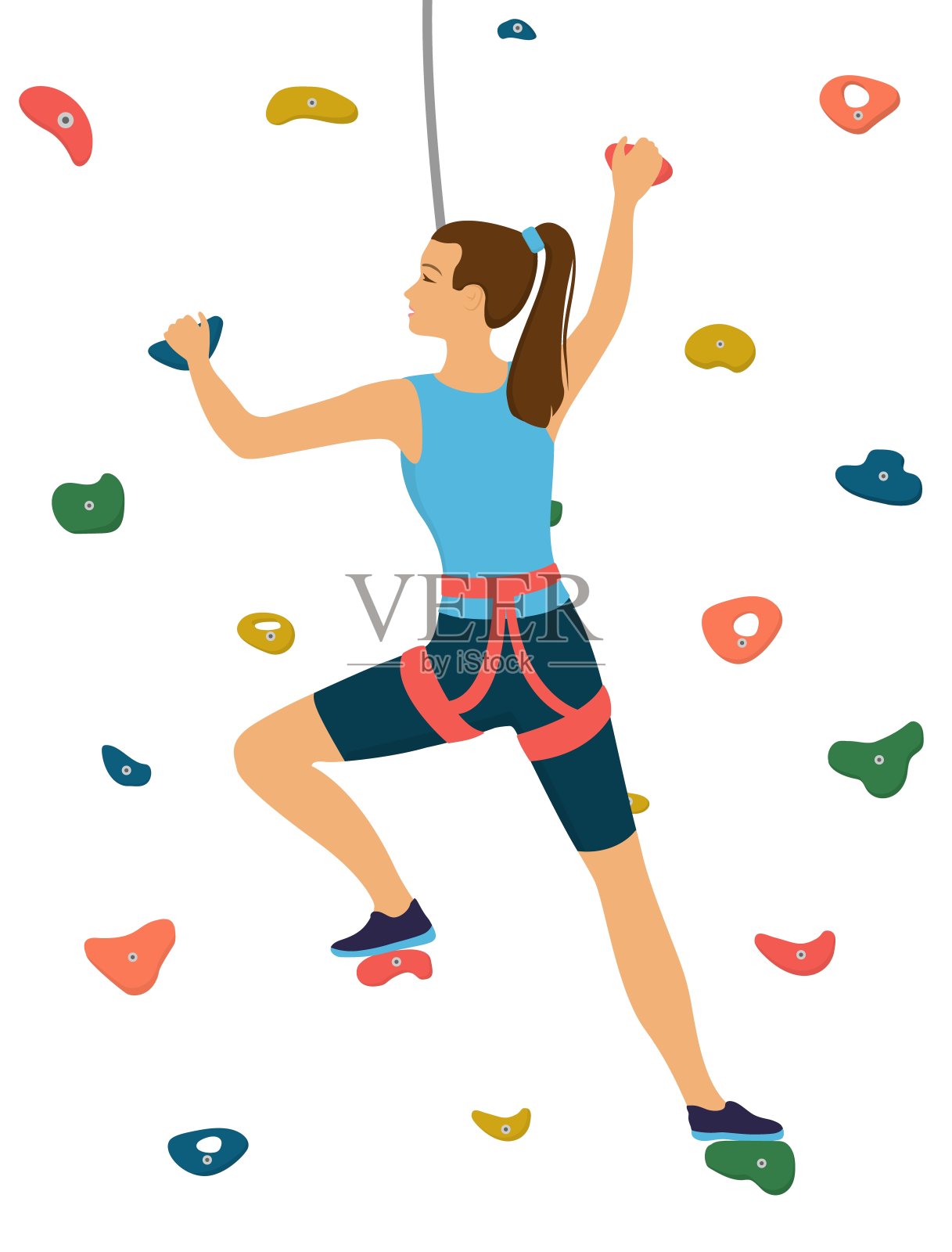 女人爬在攀岩馆的攀岩墙上。矢量卡通插图插画图片素材