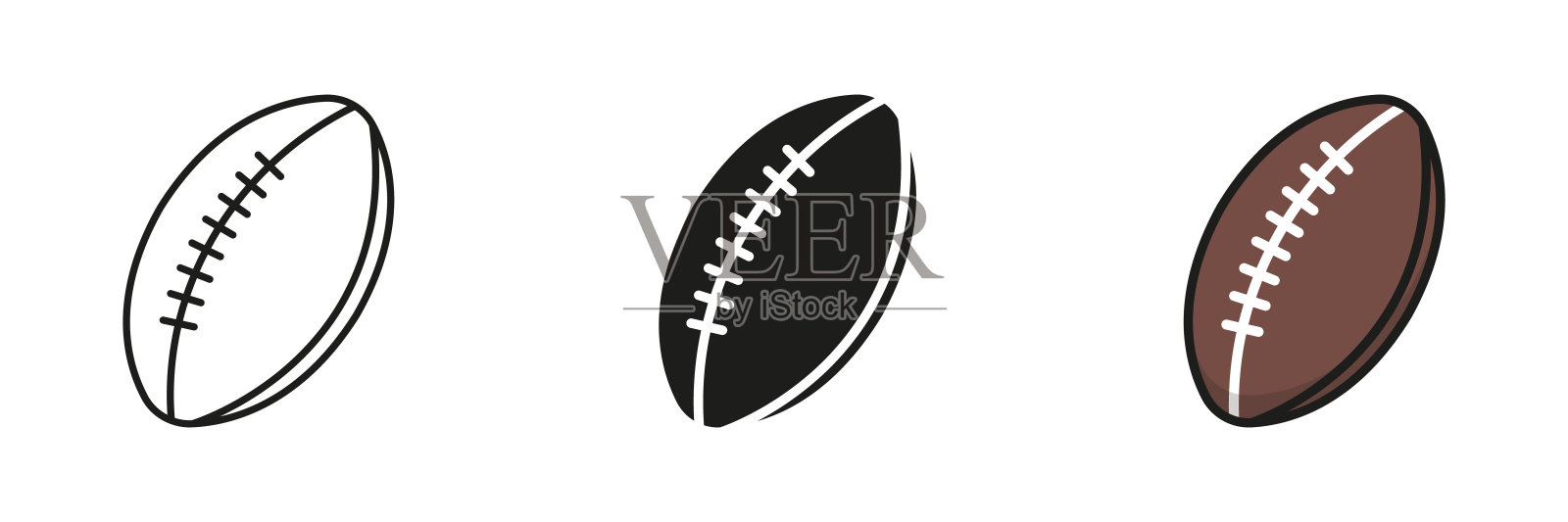 橄榄球轮廓和线图标集。球玩运动游戏，美式足球固体和轮廓黑色和颜色符号收集在白色的背景。孤立矢量图插画图片素材
