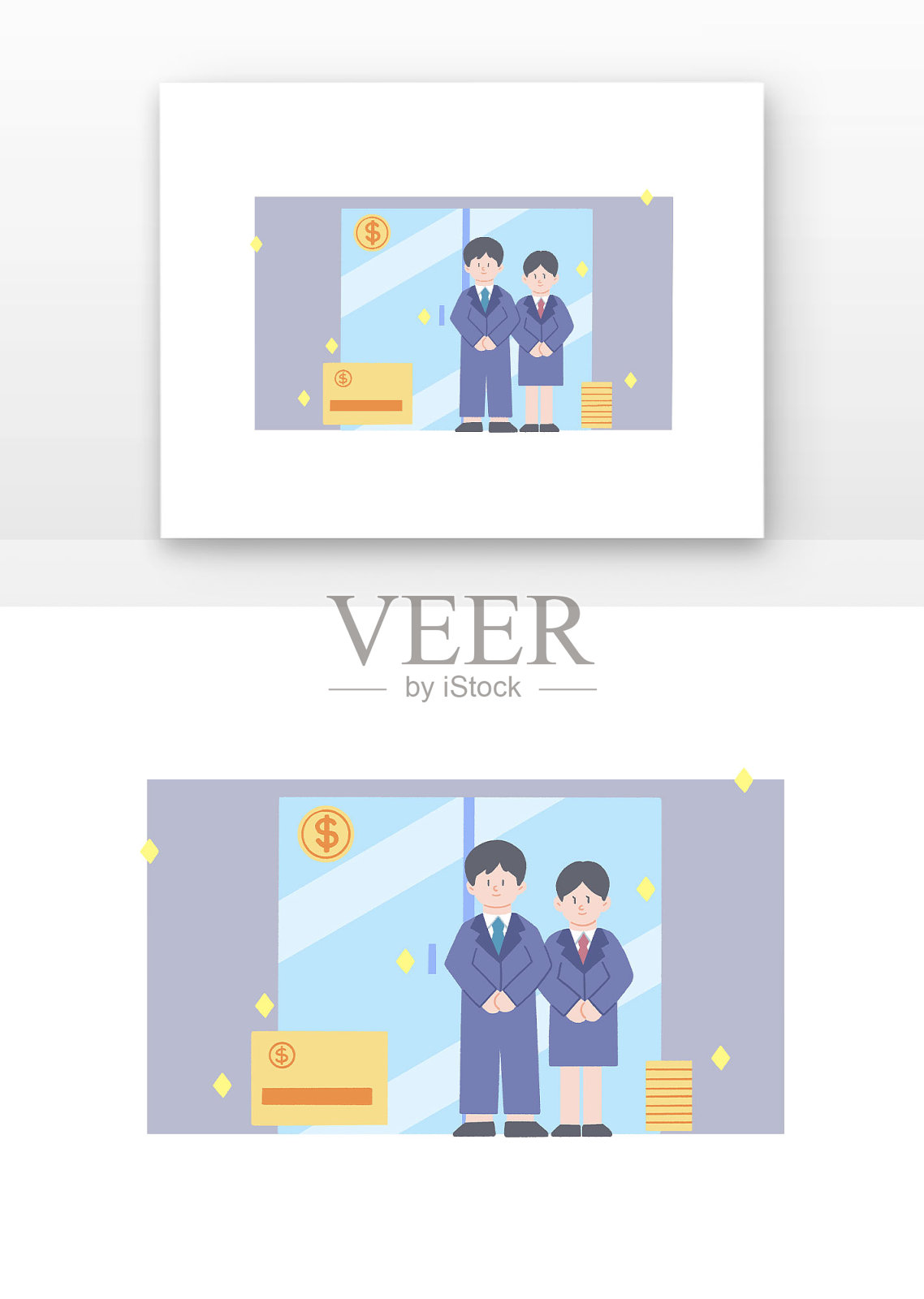 原创手绘扁平人物和银行元素设计元素图片