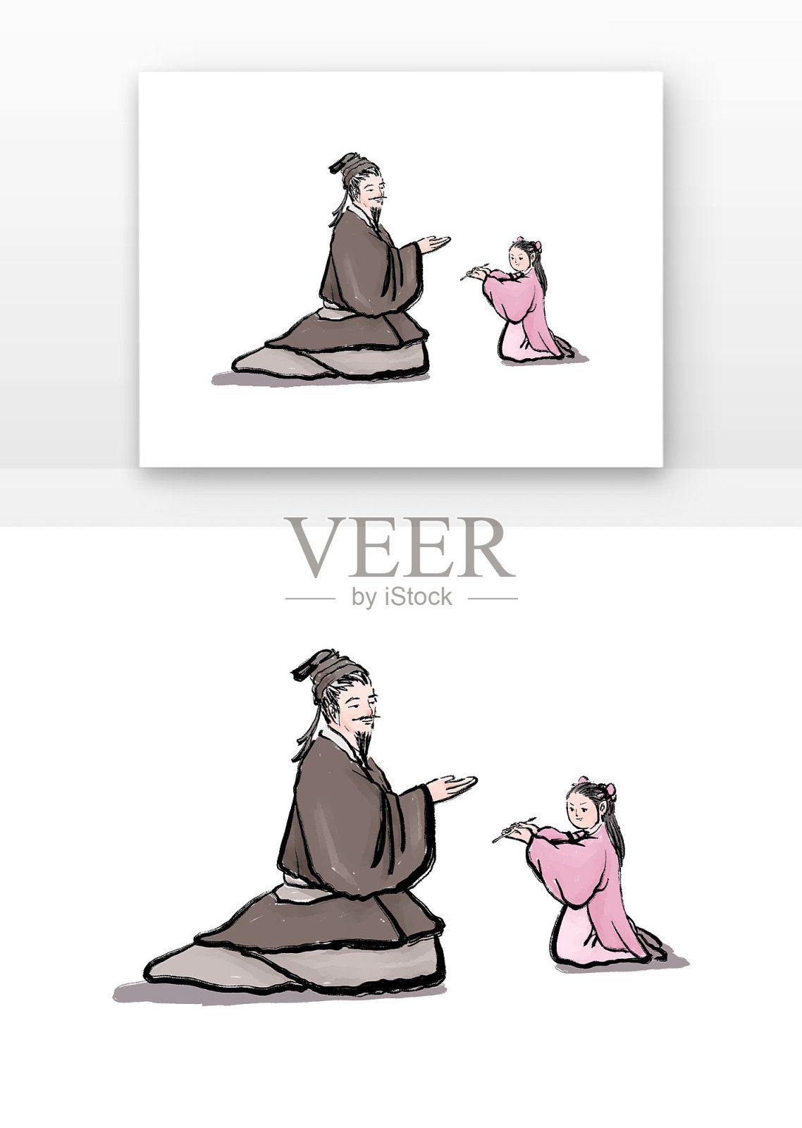 原创手绘水墨女子拜师元素设计元素图片