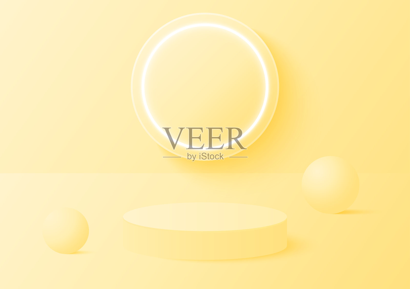 抽象的圆柱形讲台在房间里以发光的霓虹灯环为背景，黄色，矢量几何平台插图，用于产品展示演示。插画图片素材