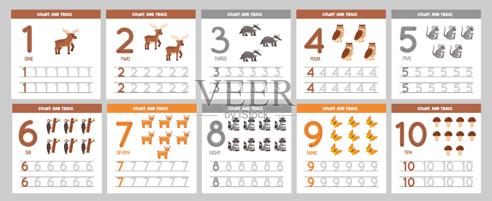 儿童学习数字的抽认卡集合。可爱的森林动物。插画图片素材