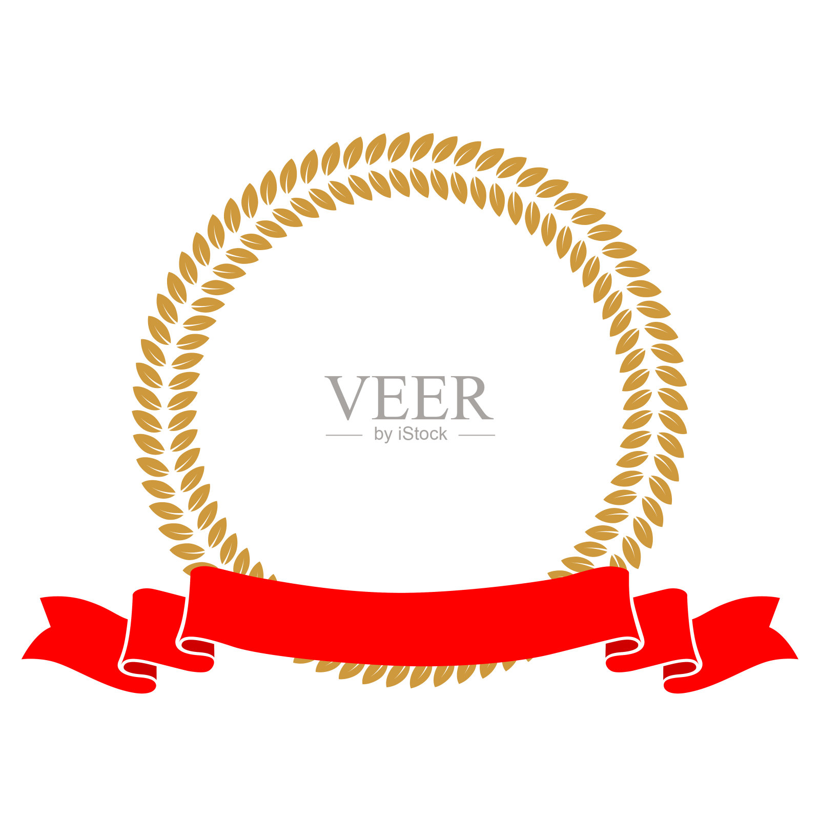 黄色圆形月桂花环与红丝带图标矢量插图。获奖者奖与树叶剪影，奖杯，金牌证书或生日祝贺仪式孤立在白色插画图片素材