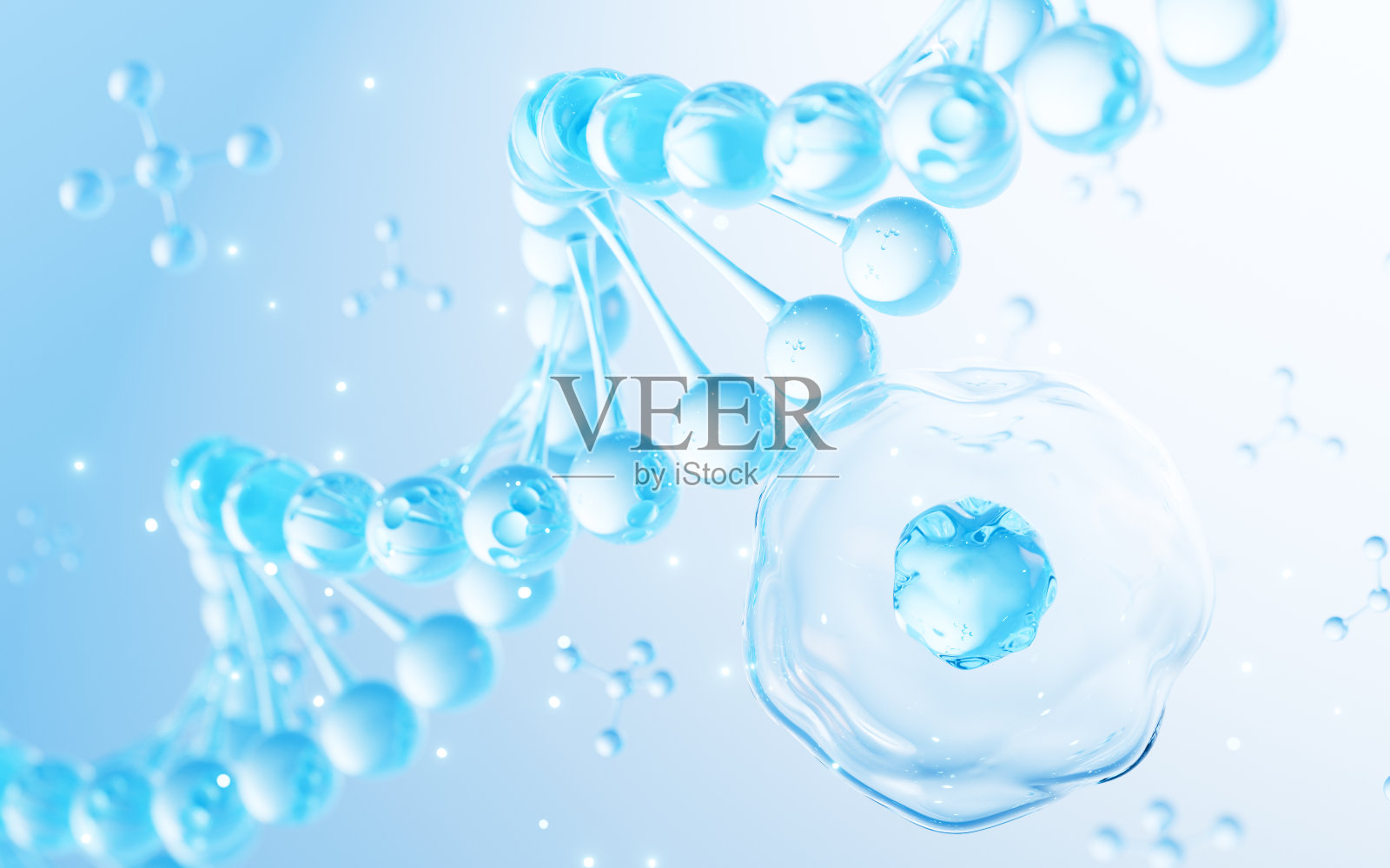 蓝色背景中漂浮的细胞和DNA，皮肤治疗，美容医学概念，3d渲染。照片摄影图片