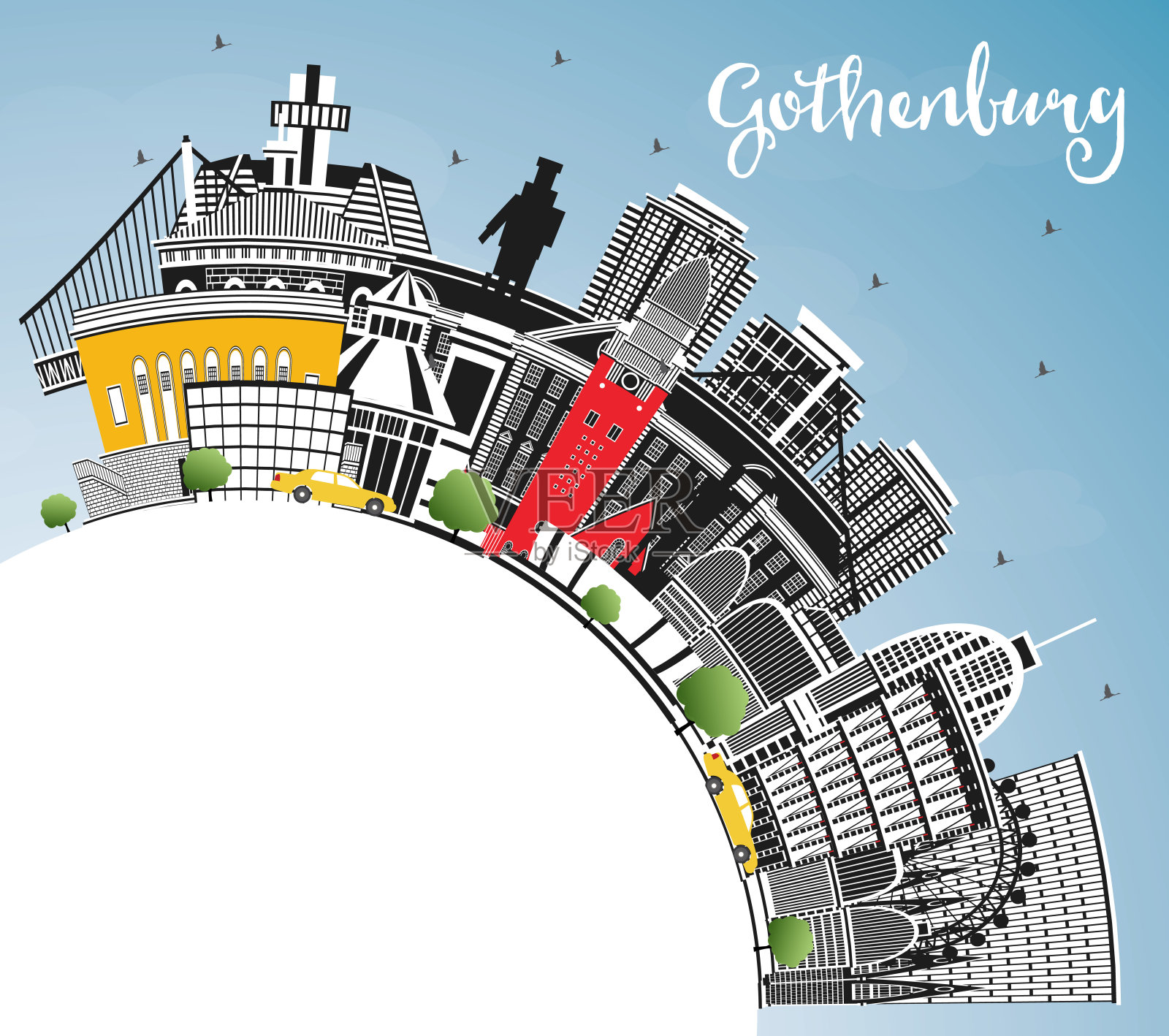 瑞典哥德堡城市天际线与彩色建筑，蓝天和复制空间。矢量插图。哥德堡城市景观与地标。插画图片素材