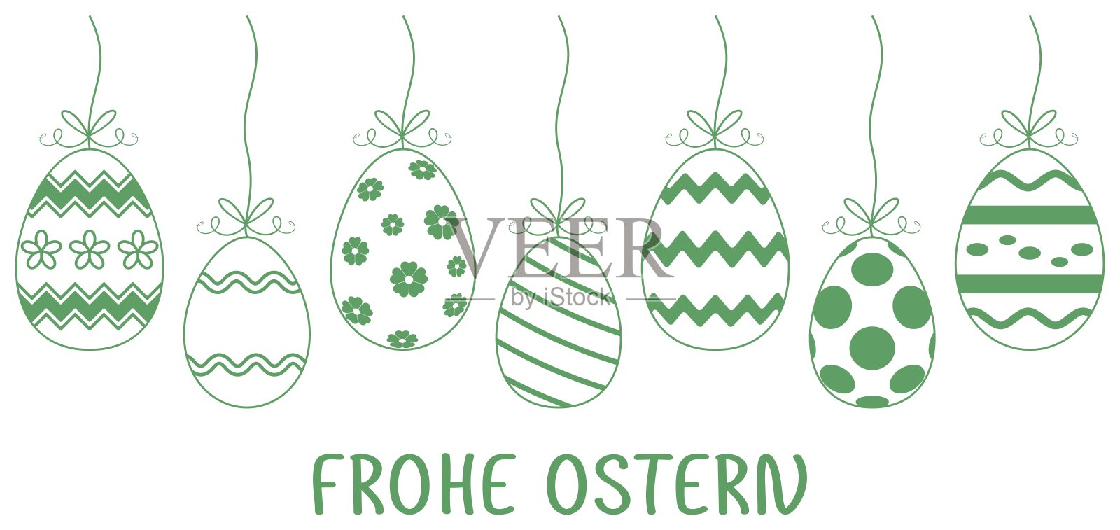 用德语说复活节快乐。复活节彩蛋矢量装饰与礼物丝带。白色孤立的背景。插画图片素材