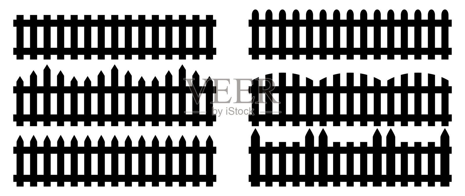 一组栅栏孤立的木栅栏图标。平面样式矢量插图。图标素材