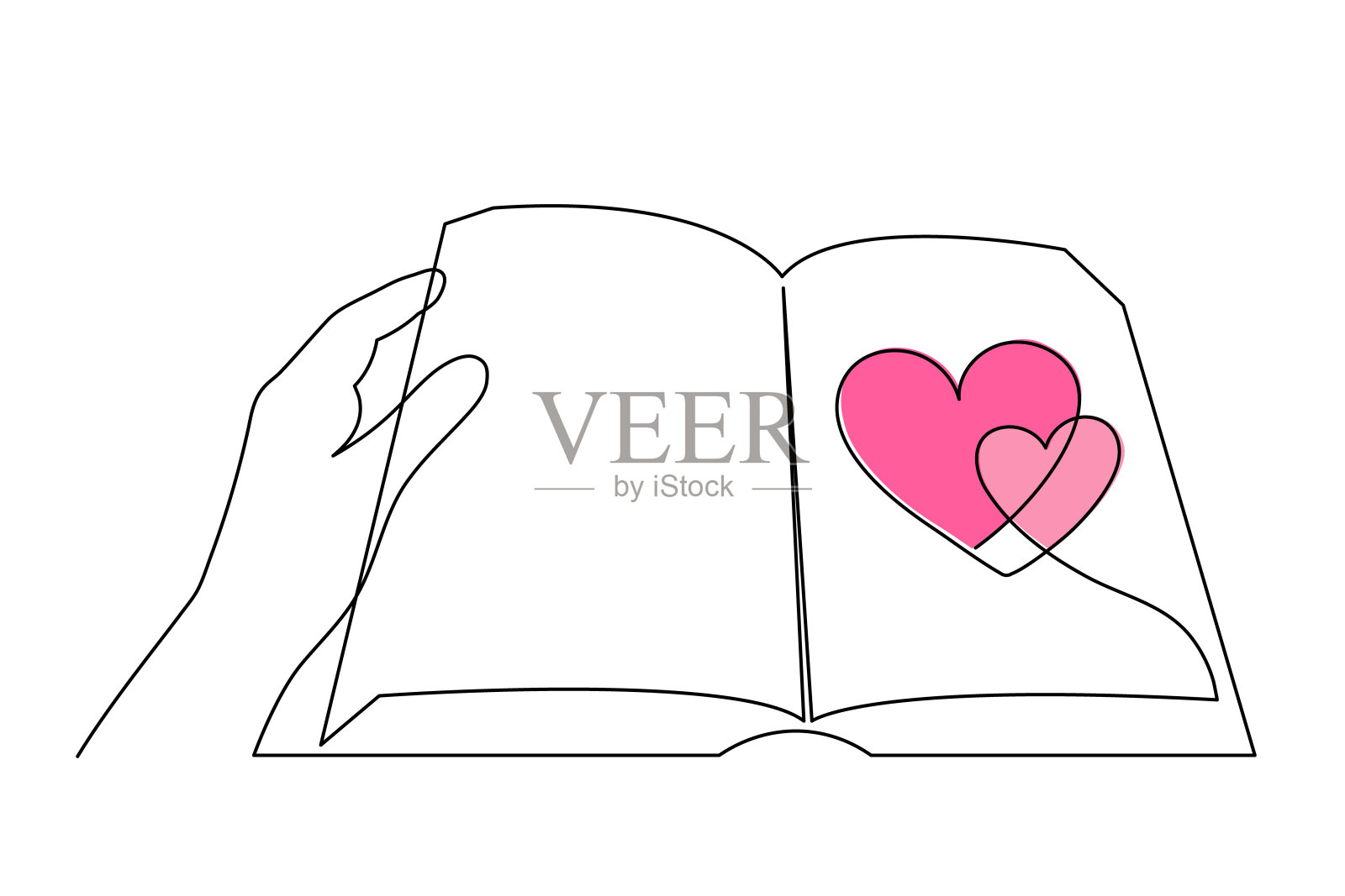 书中采用心一行艺术，手绘连续轮廓。2月14日是浪漫的象征。爱读概念大纲，极简设计，简约装饰。可编辑的中风。插画图片素材