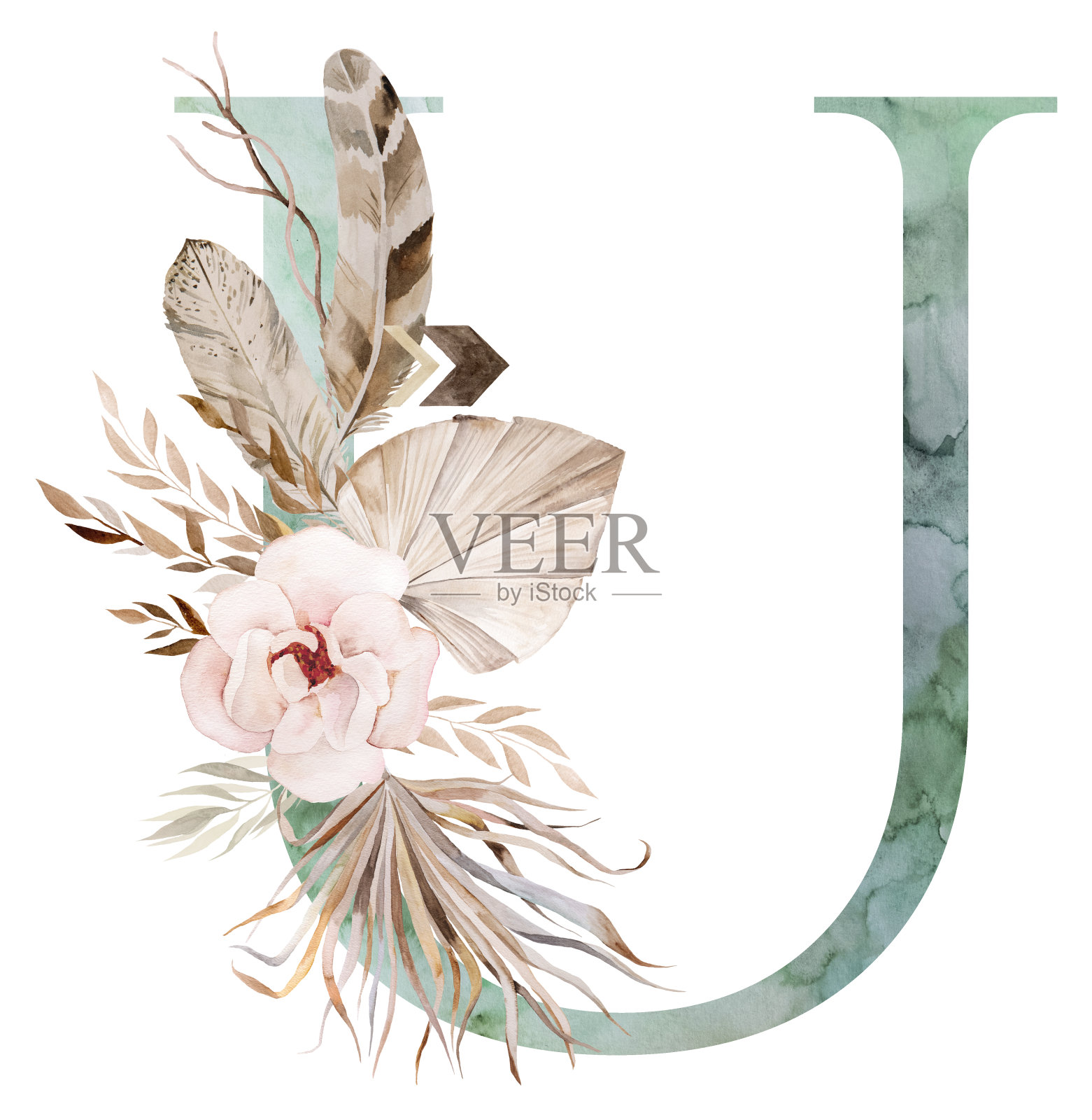 水彩绿色字母U与干叶子和热带花卉花束，波西米亚插画插画图片素材