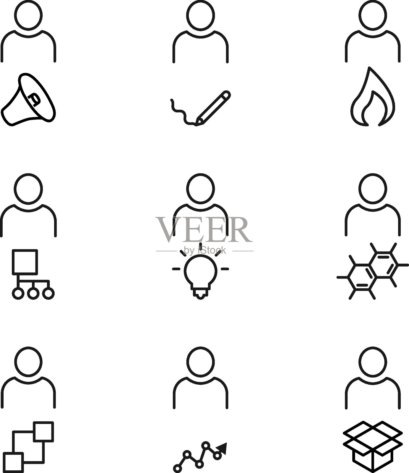 矢量轮廓符号和符号画在平面风格与黑色细线。可编辑的中风。线路图标的用户通过扬声器，火，进度线，树图标素材