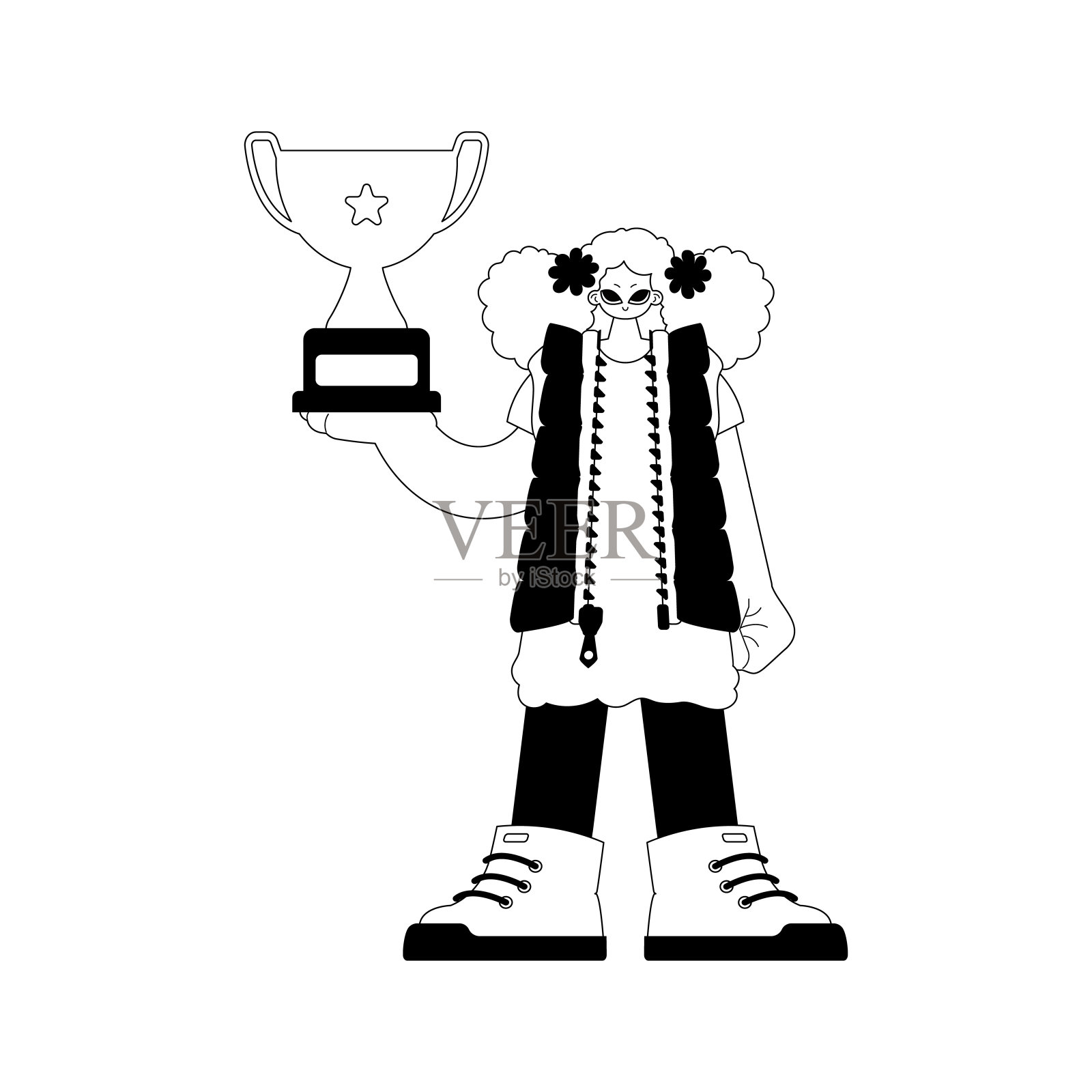 这位精力充沛的女士把冠军握在手中。暗白线工艺。时尚的风格，矢量插图插画图片素材