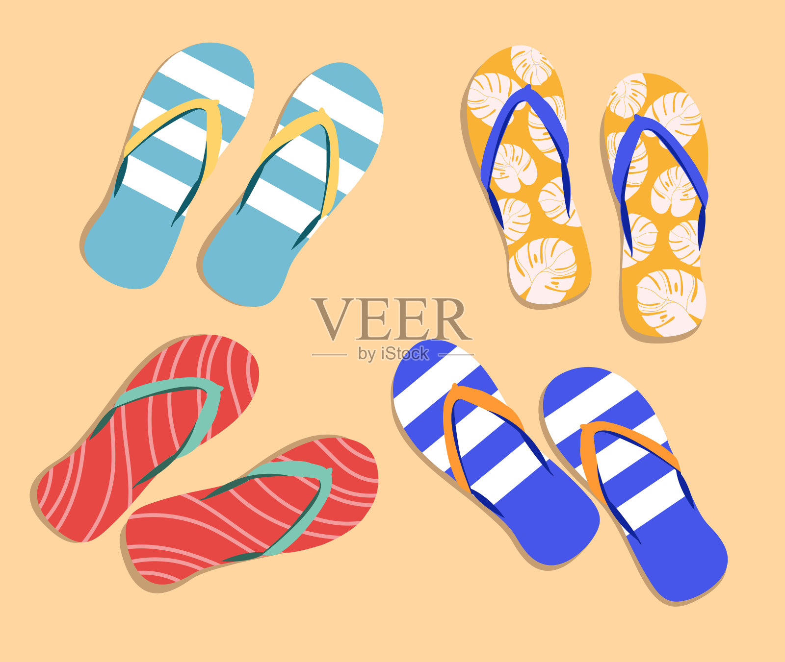 集，收集可爱的彩色拖鞋与不同的装饰，图案的夏季设计。插画图片素材